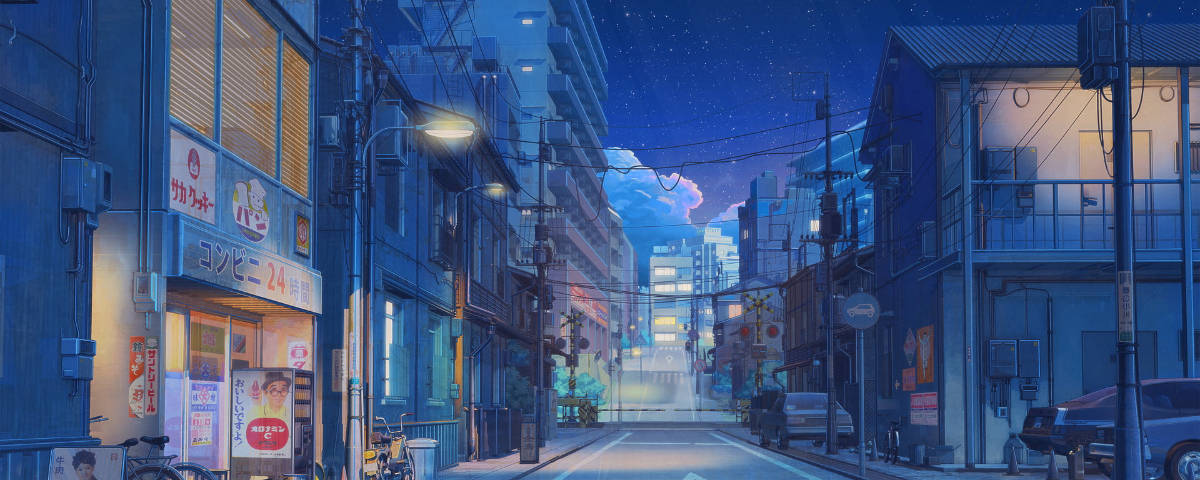 1200x480 Καταστήματα σε Anime Δρόμο — Ανιμέ πόλη GIF Ταπετσαρία