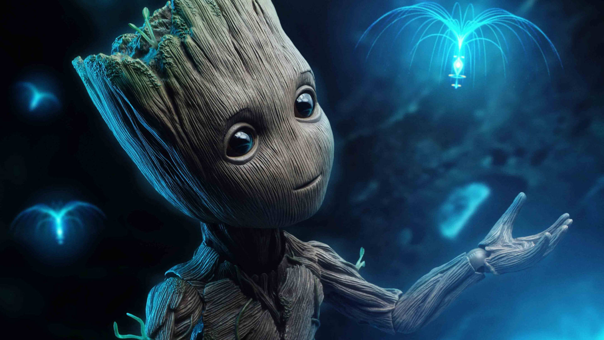 1920x1080 HD Groot με Μπλε Φωτεινά Πνεύματα Ταπετσαρία