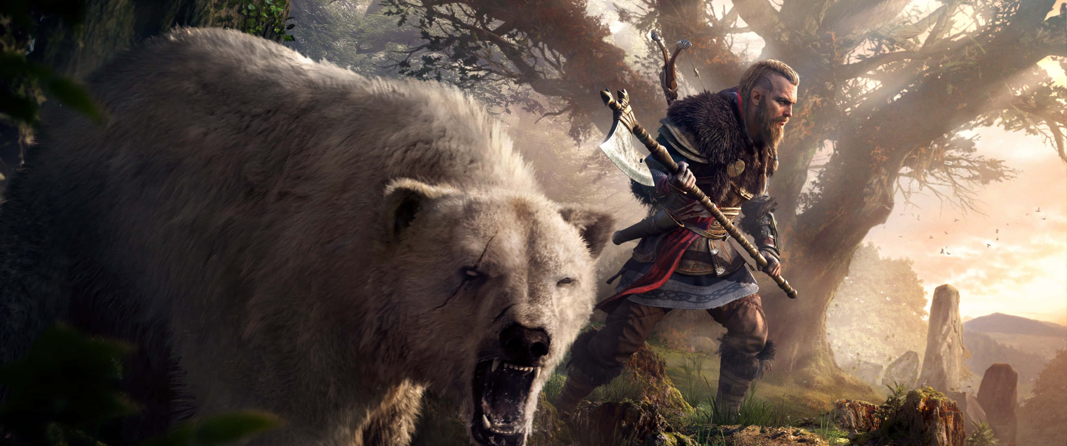3440x1440p Assassin's Creed Odyssey Φόντο Πολεμιστής και Πολική Αρκούδα Ταπετσαρία
