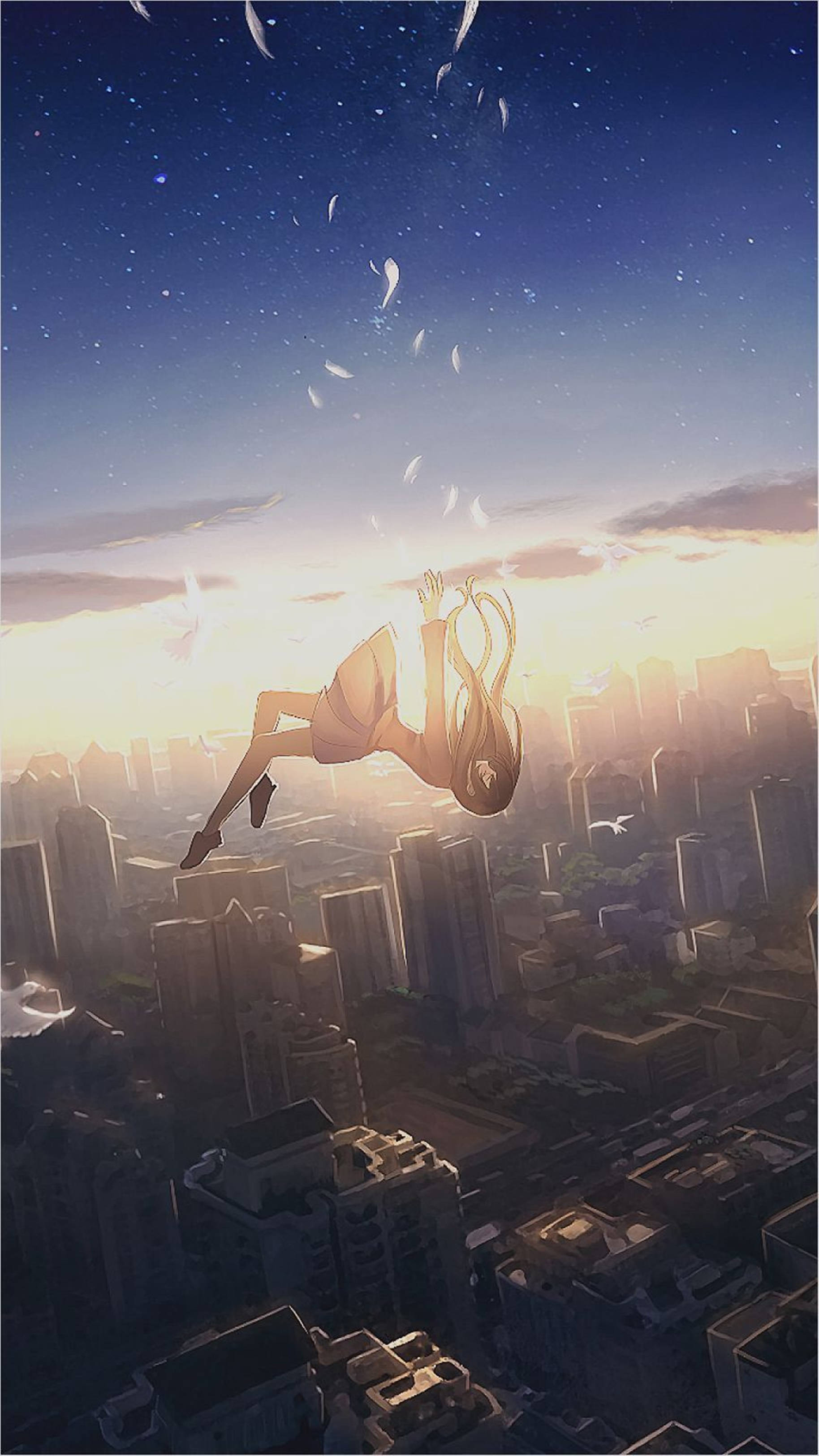 4K Anime Κορίτσι που Πέφτει από τον Ουρανό στην Πόλη Ταπετσαρία