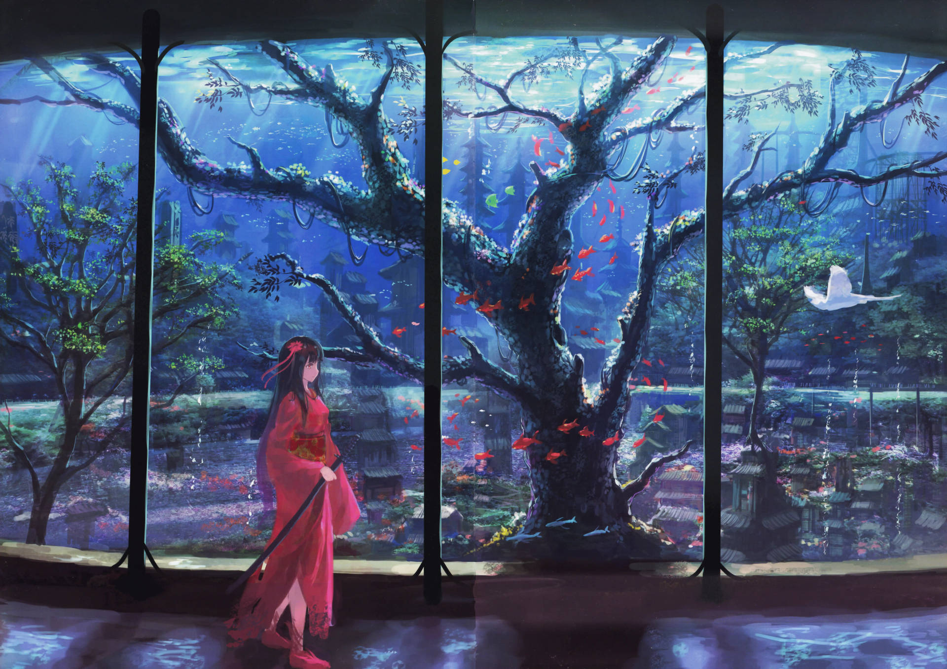 8K Anime Kimono και Ενυδρείο — Ανιμέ πόλη GIF Ταπετσαρία