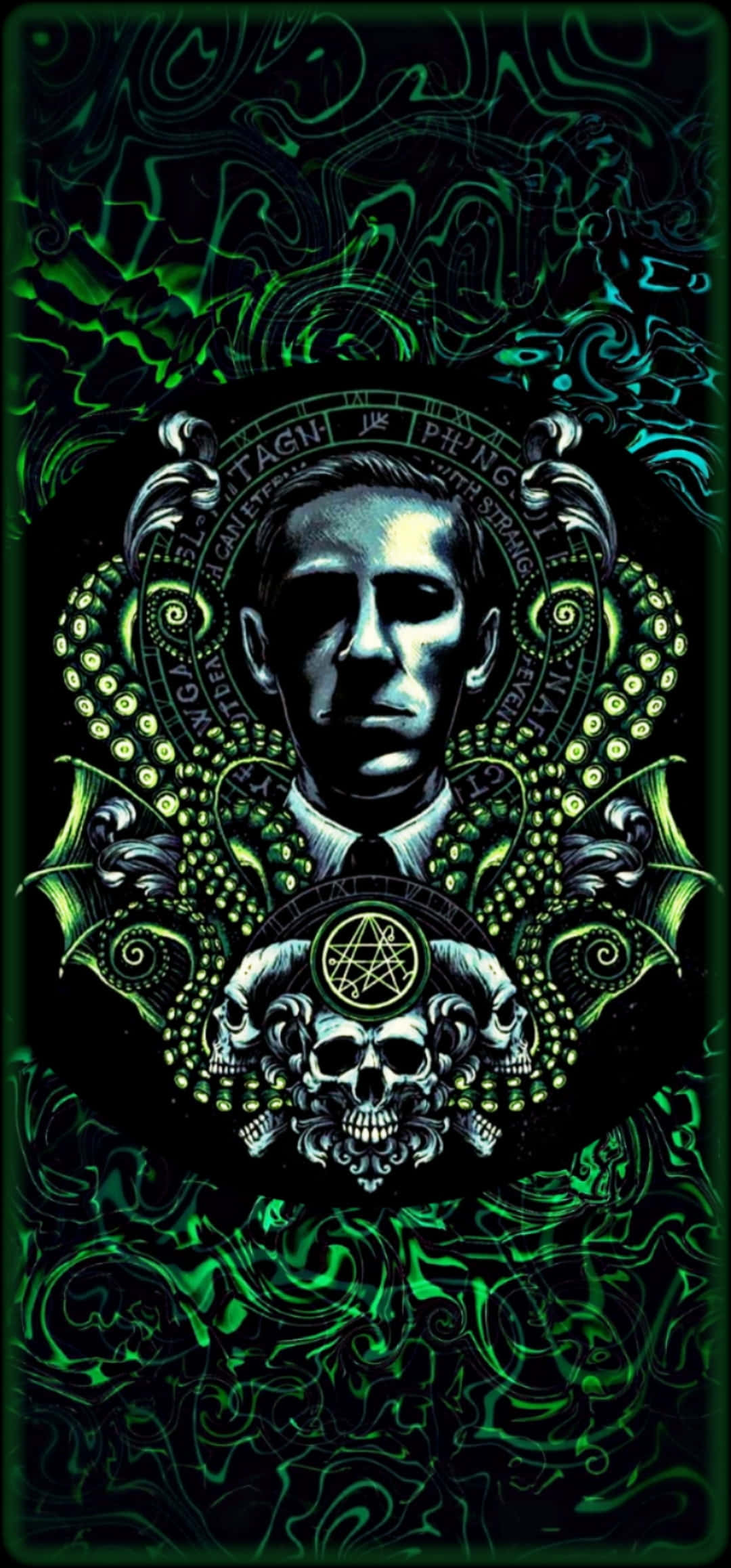 a green and black skull with a green background Ταπετσαρία