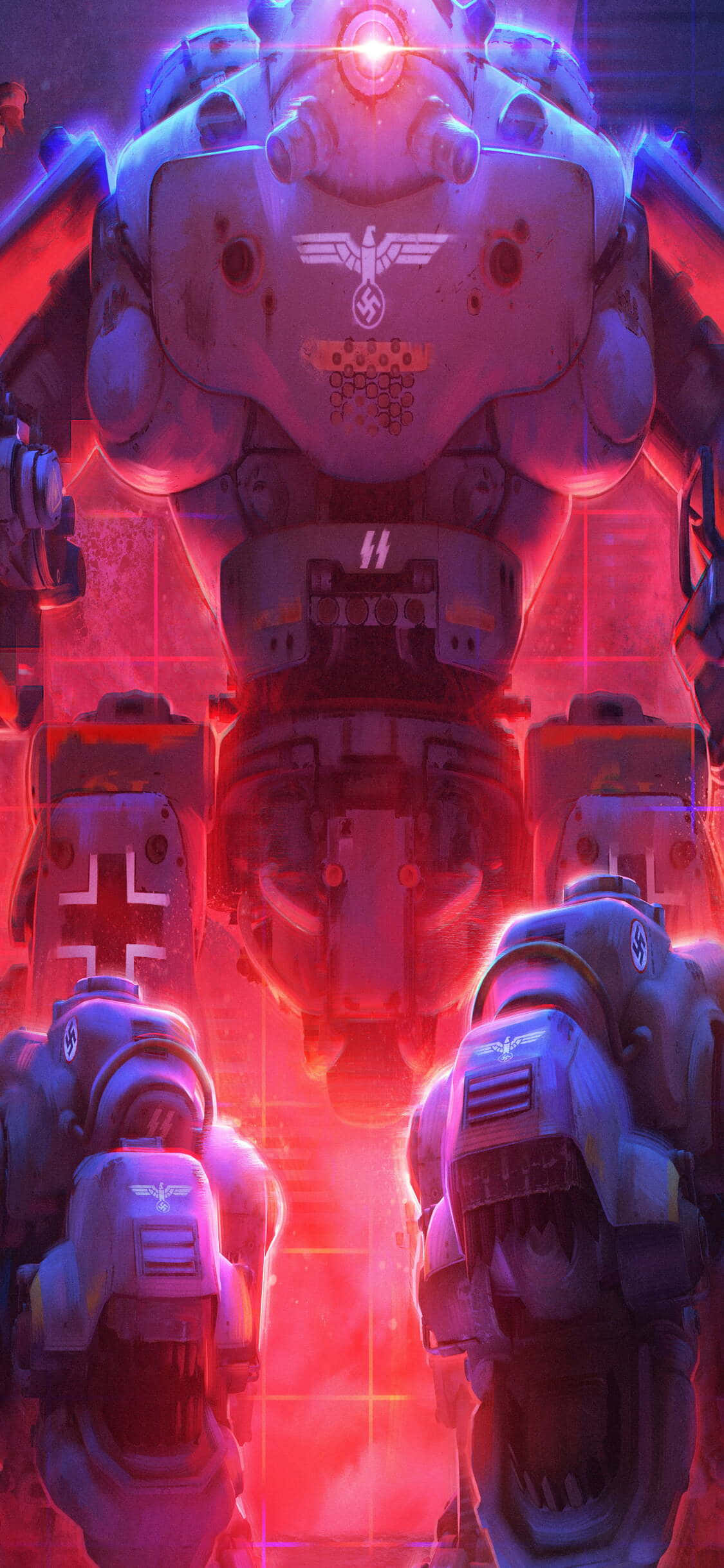 a group of robots in front of a red light Ταπετσαρία