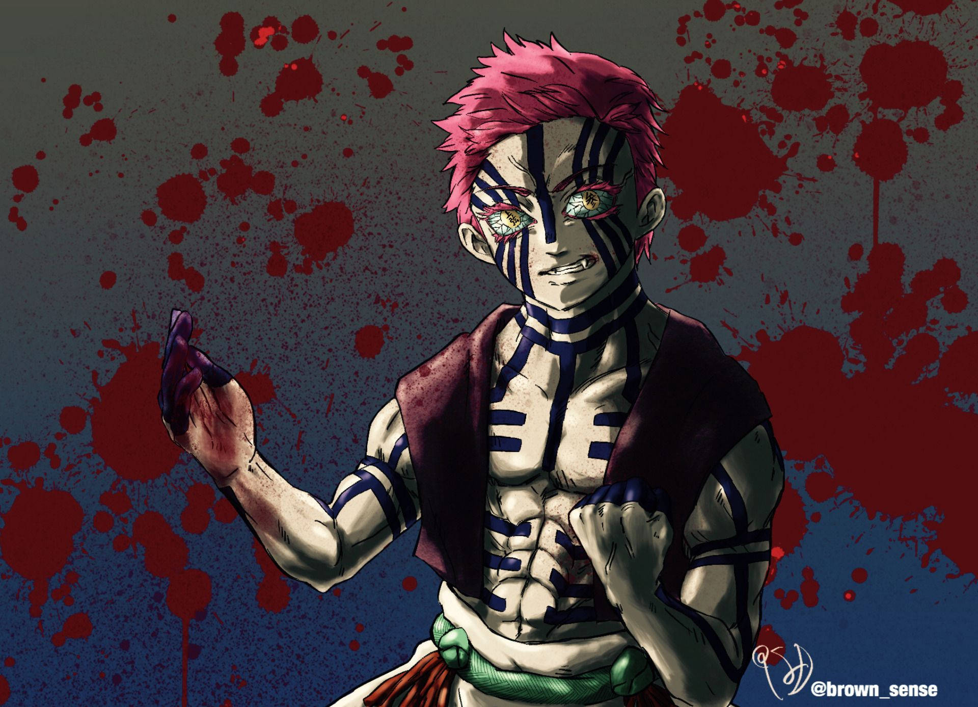 Ταπετσαρία Demon Slayer του Upper Moon 3 Akaza με μαύρα σημάδια σε όλο του το σώμα. — Demon Slayer Ταπετσαρία