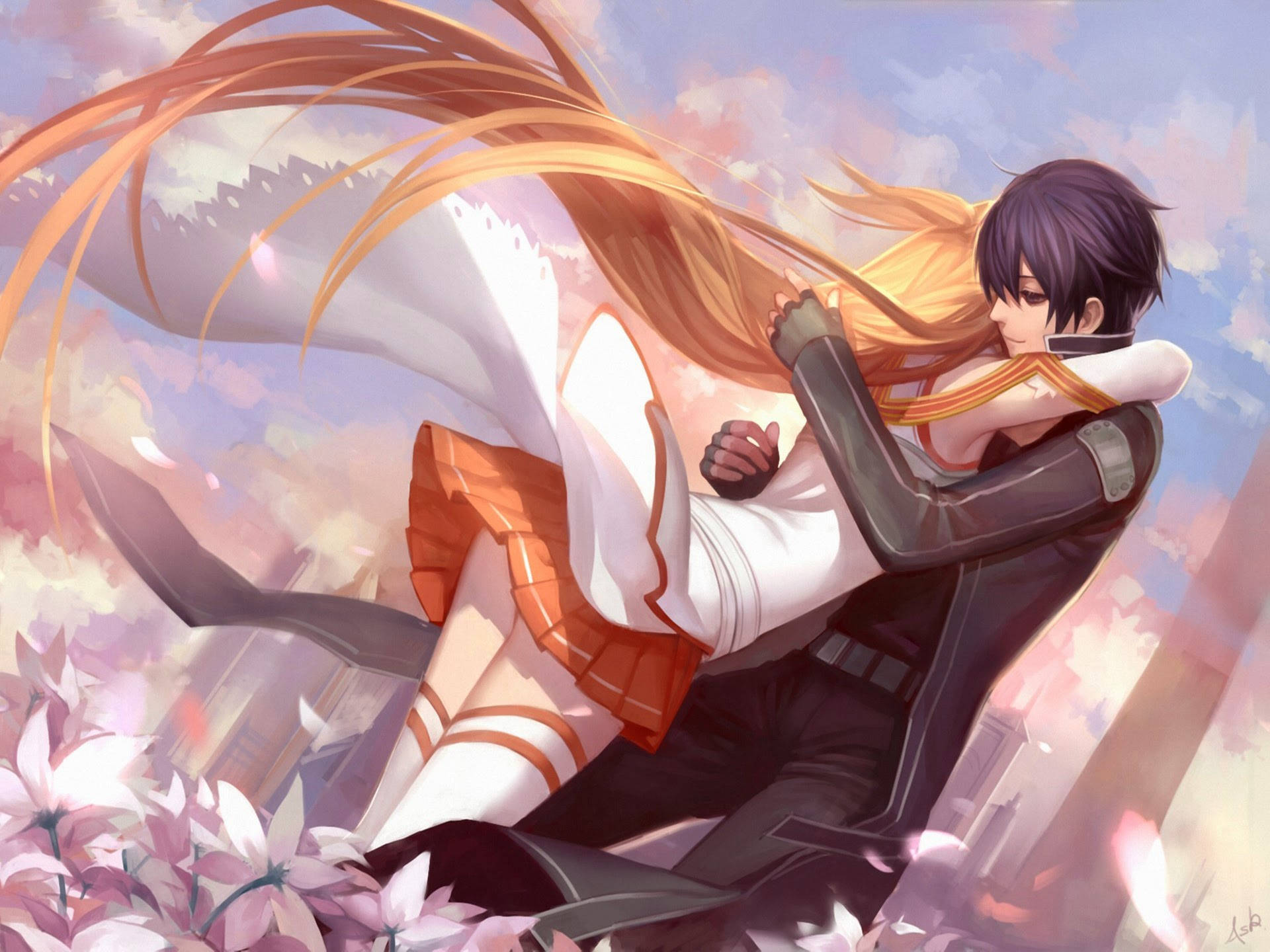 Αγόρι και Ξανθιά Κοπέλα Αγκαλιάζονται Anime Ταπετσαρία