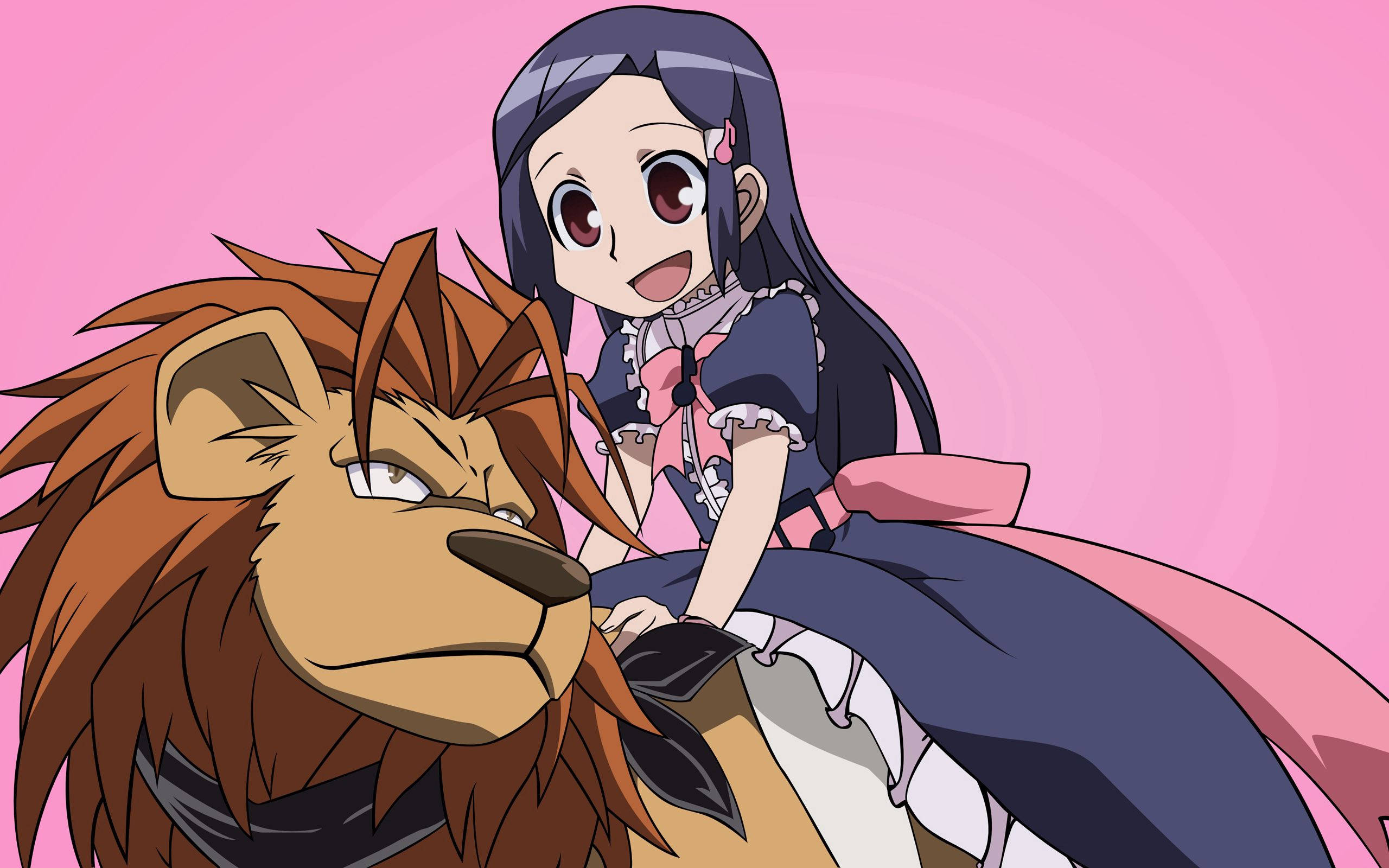 Μια κοπέλα anime καβαλάει ένα λιοντάρι στο ηλιοβασίλεμα Ταπετσαρία