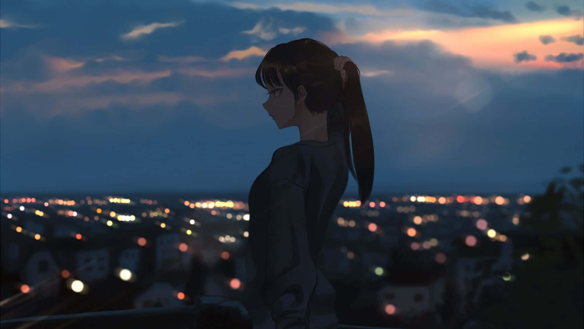 Γυναίκα ατενίζει νυχτερινό anime τοπίο πόλης Ταπετσαρία