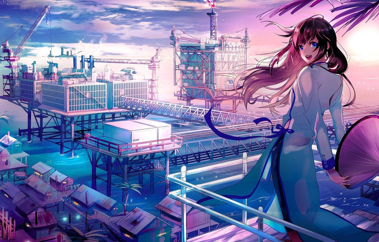 Ιαπωνική anime πόλη με νεαρό κορίτσι Ταπετσαρία