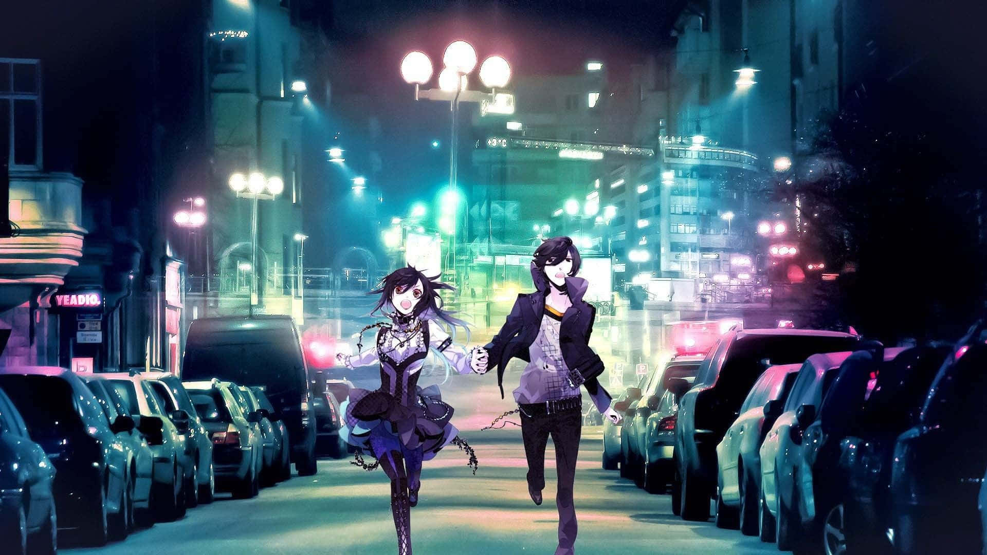 δύο κορίτσια anime περπατούν σε έναν δρόμο τη νύχτα Ταπετσαρία