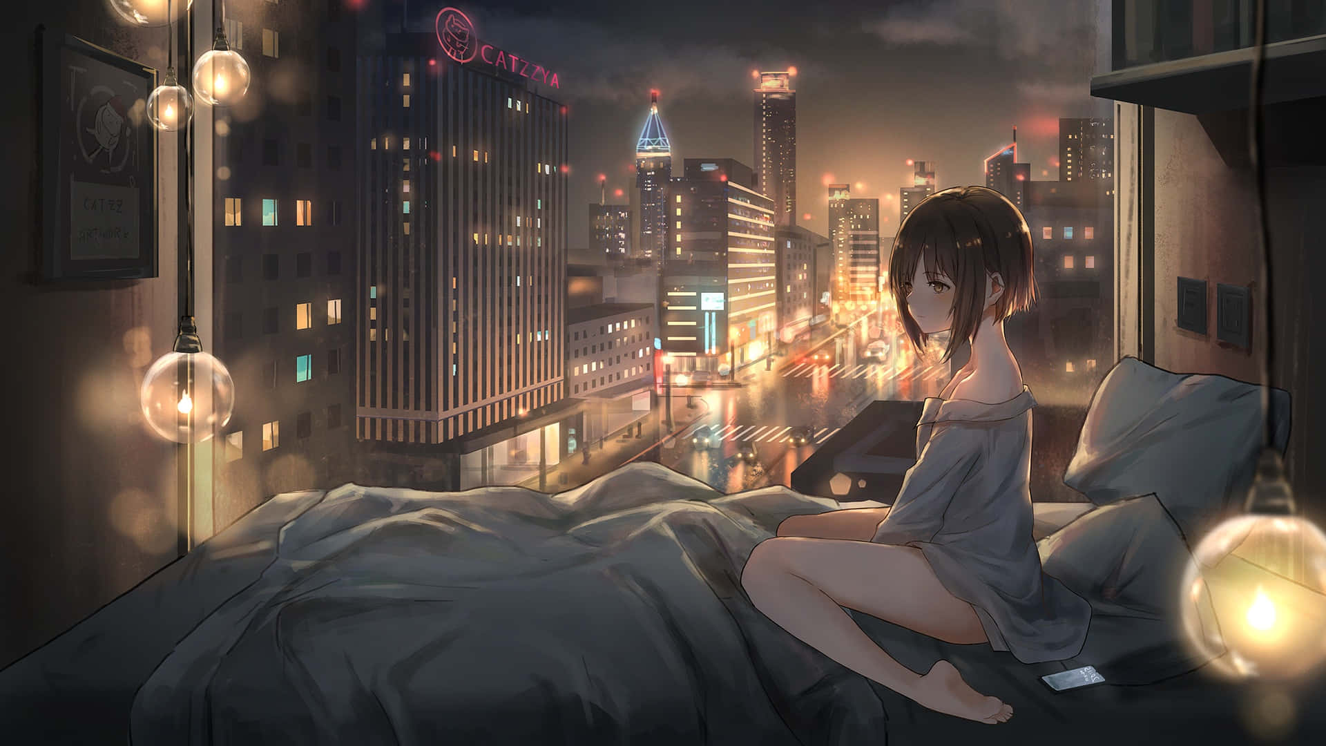 Νυχτερινό τοπίο πόλης anime γεμάτο ουρανοξύστες Ταπετσαρία