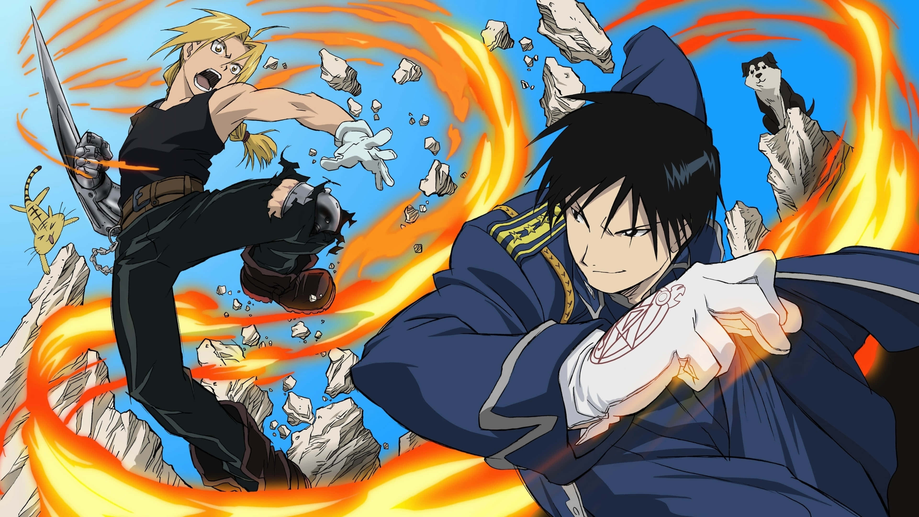 δύο χαρακτήρες anime να μάχονται με φωτιά Ταπετσαρία