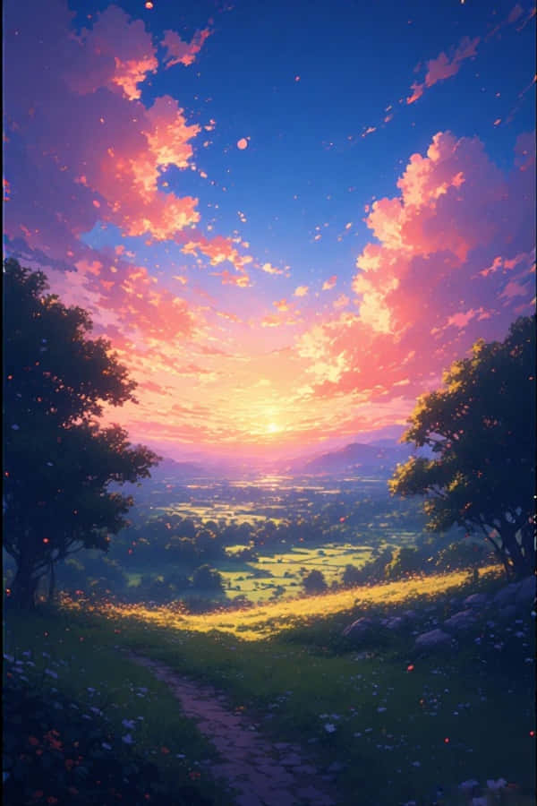 Anime Ηλιοβασίλεμα Αγροτικό Τοπίο Ονειρικό Ζωντανό 4K Ταπετσαρία