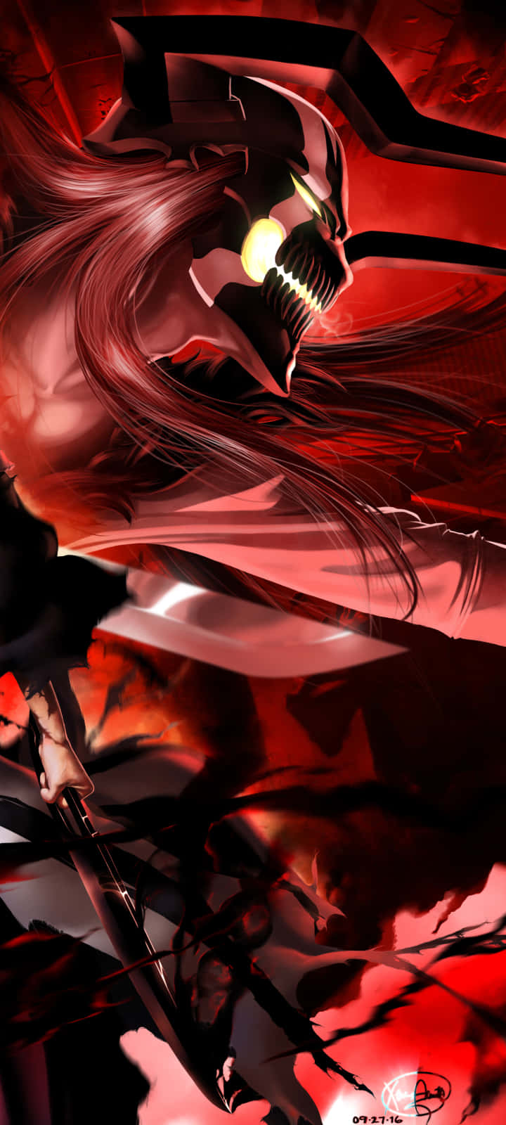 ένας κόκκινος και μαύρος χαρακτήρας anime με μακριά μαλλιά Ταπετσαρία