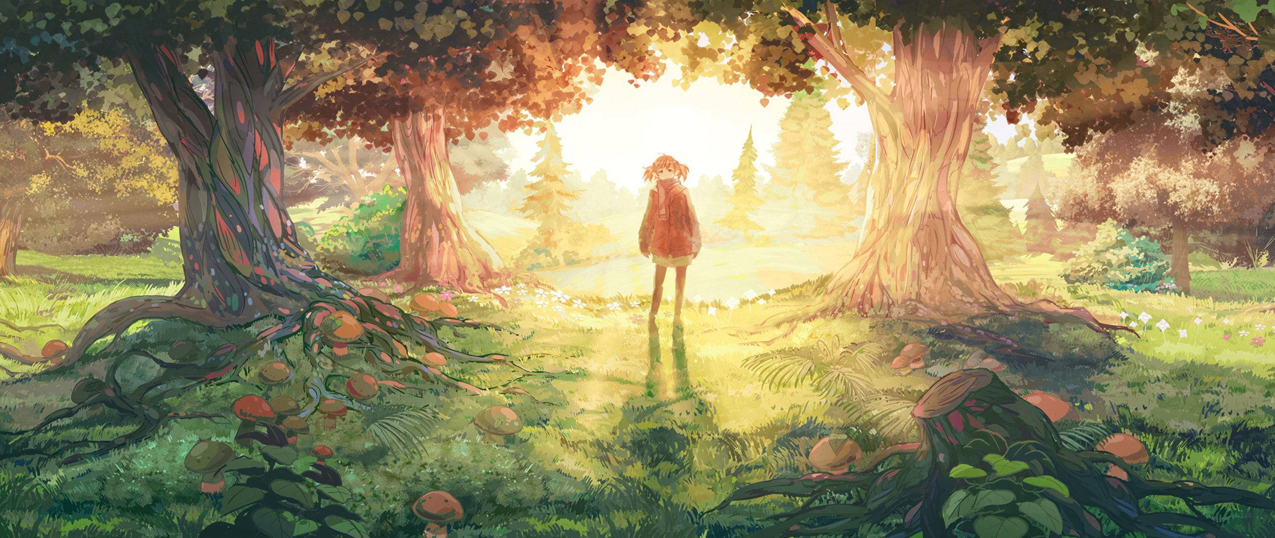 Κορίτσι anime απολαμβάνει την ηρεμία του δάσους Ταπετσαρία