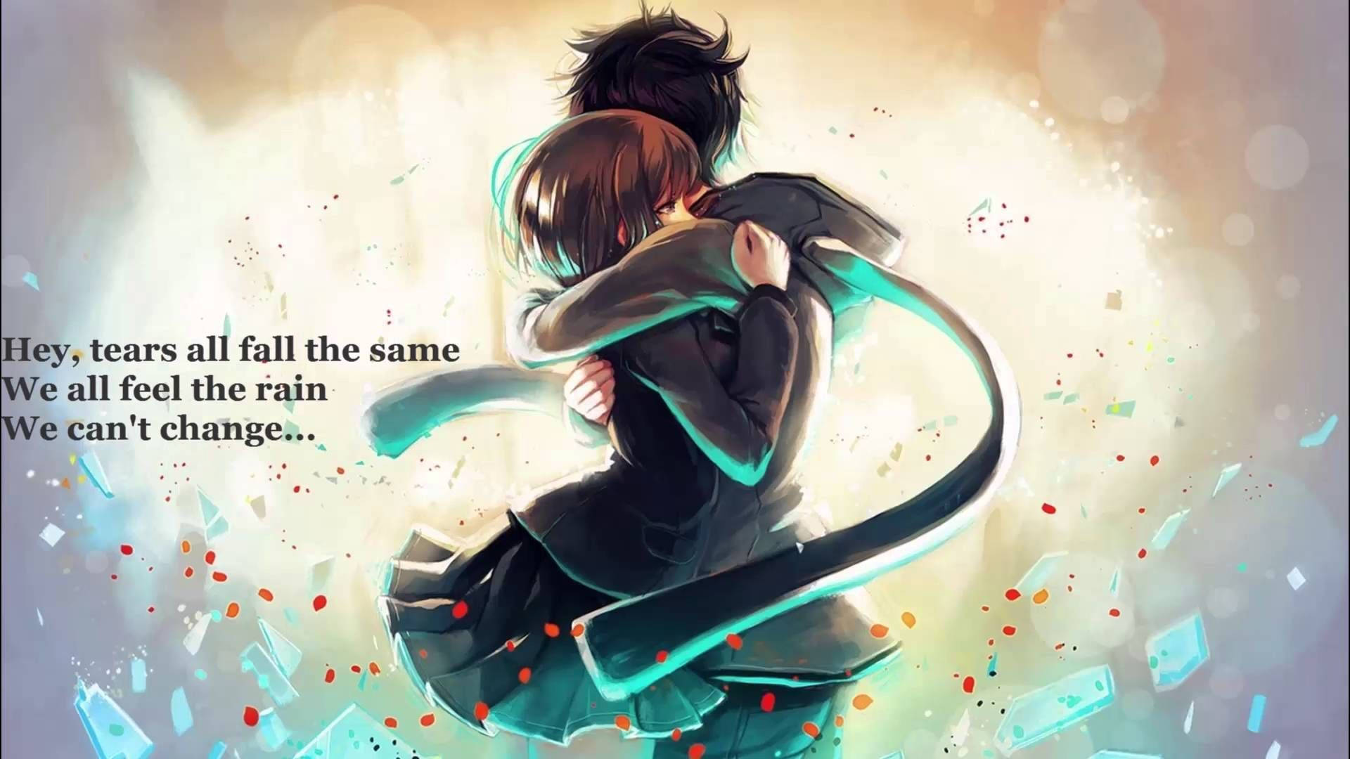 Αγκαλιάζοντας ζευγάρι anime με απόφθεγμα Ταπετσαρία