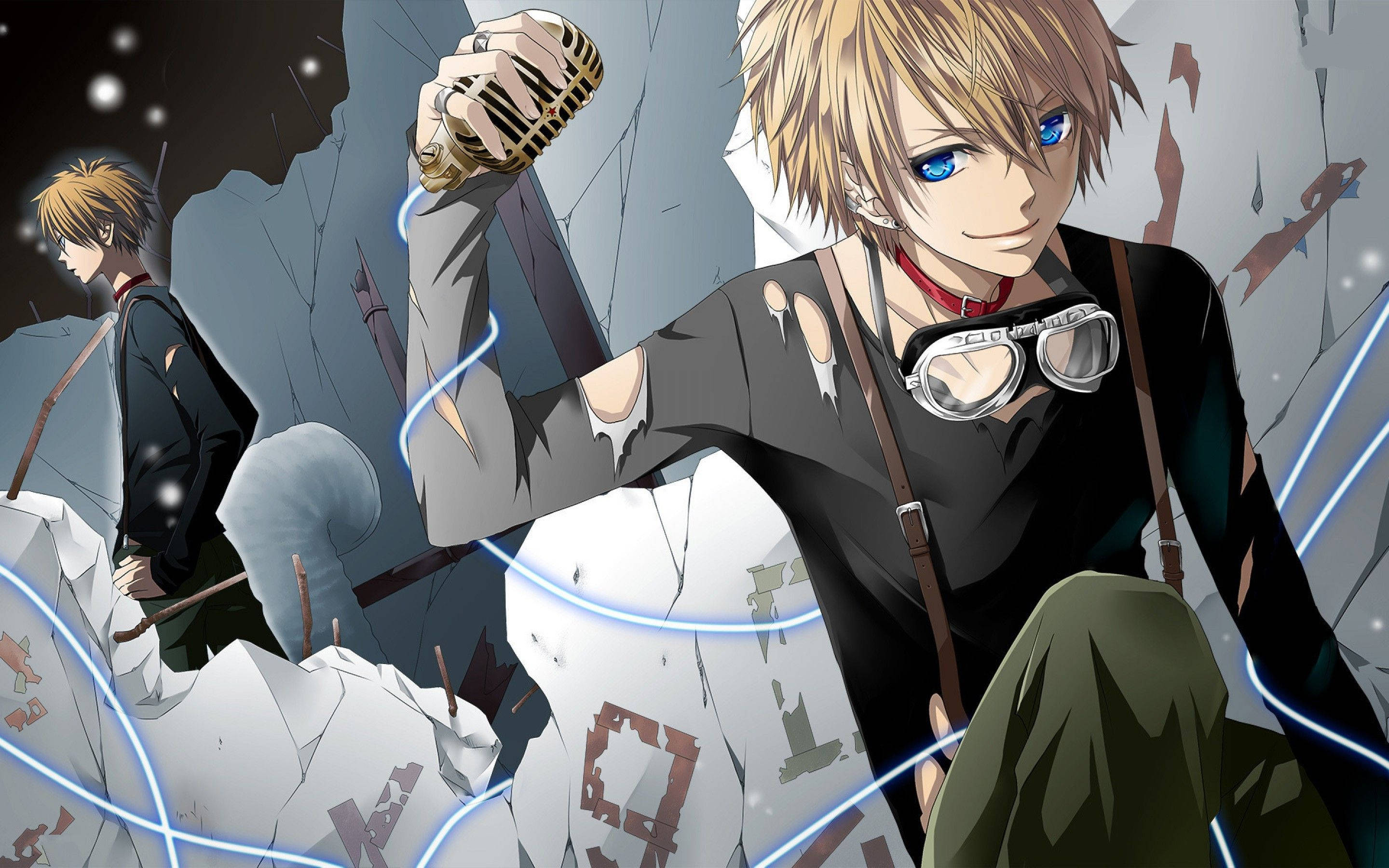 Anime Αγόρι Φορώντας Στολή Κουκλοπαίκτη Παίζοντας με ένα Chibi Ποντίκι Ταπετσαρία