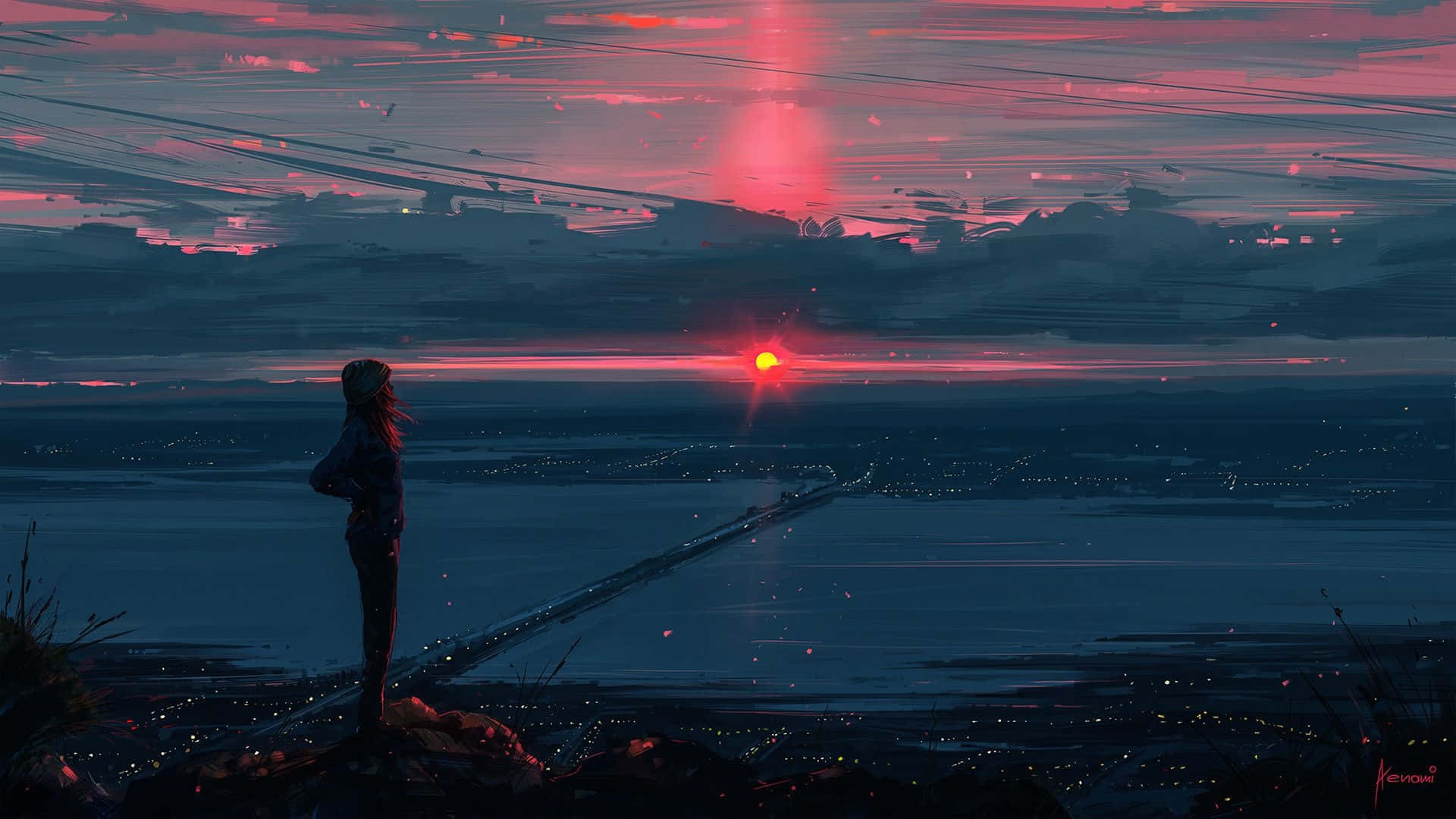 Anime κορίτσι να αγναντεύει την πόλη στο ηλιοβασίλεμα από έναν γκρεμό Ταπετσαρία