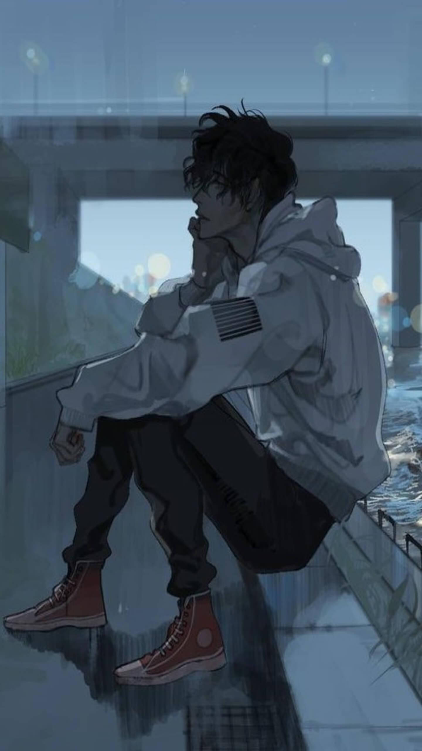 Λυπημένο Anime Αγόρι με Λευκό Μπουφάν Αισθητική Ταπετσαρία