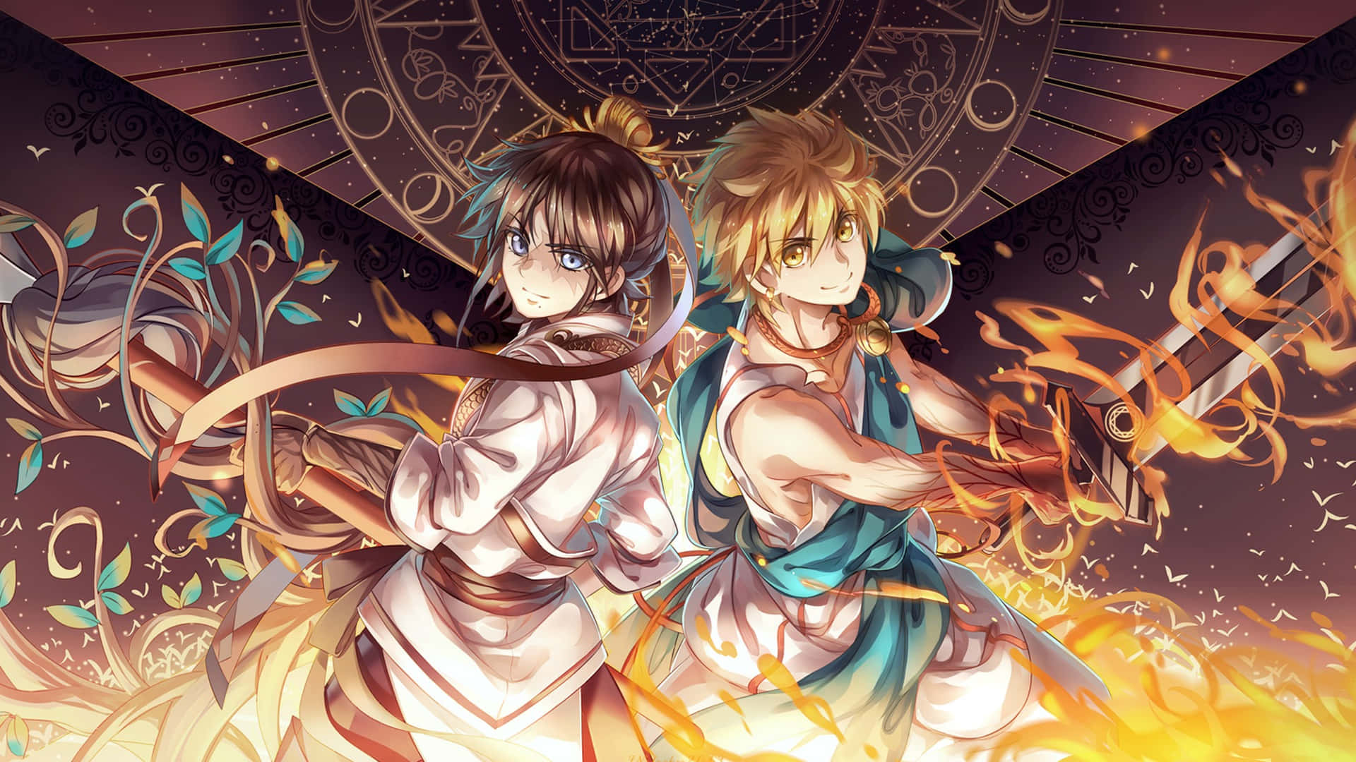 Δύο χαρακτήρες anime μπροστά από φωτιά Ταπετσαρία