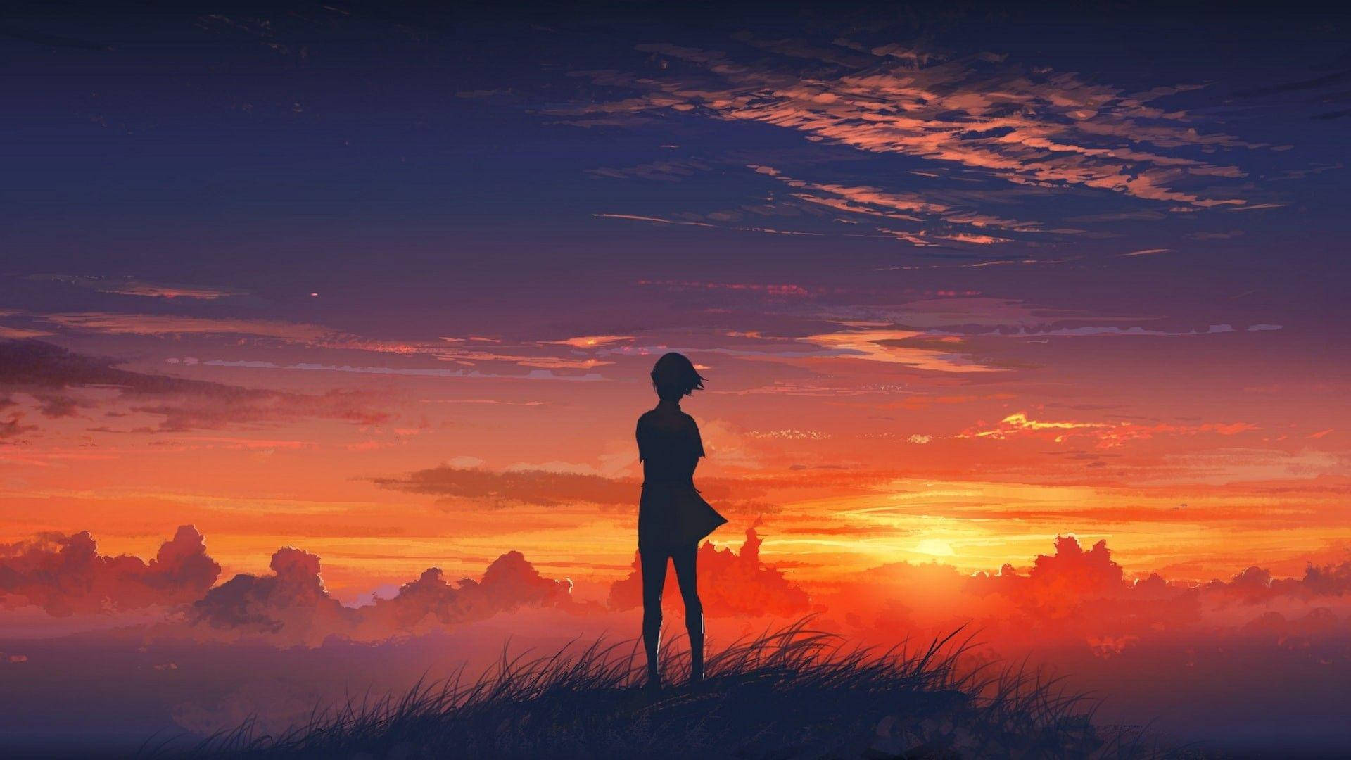 Σιλουέτα Κοριτσιού Anime Αισθητική Ηλιοβασίλεμα Ταπετσαρία