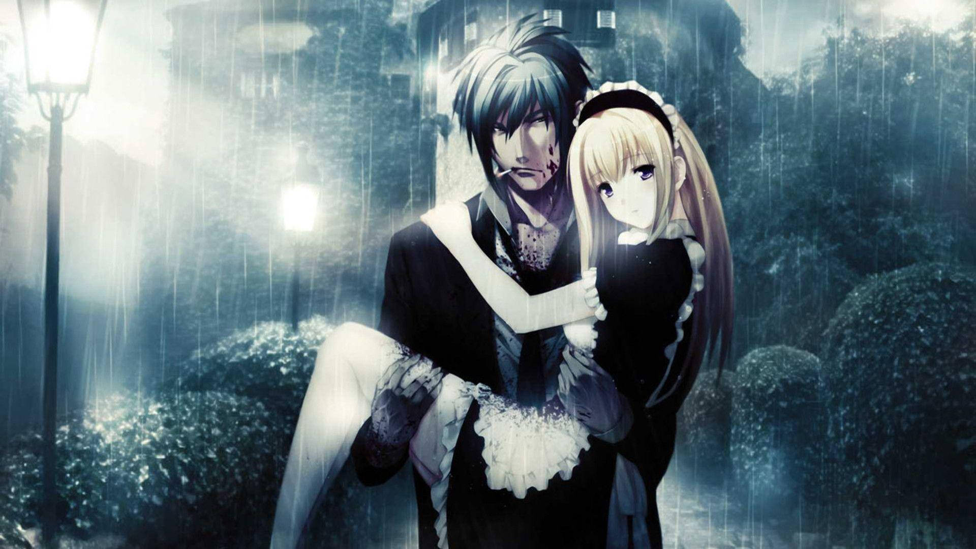 Αγκαλιάζοντας ένα ζευγάρι anime σε βροχερή μέρα Ταπετσαρία
