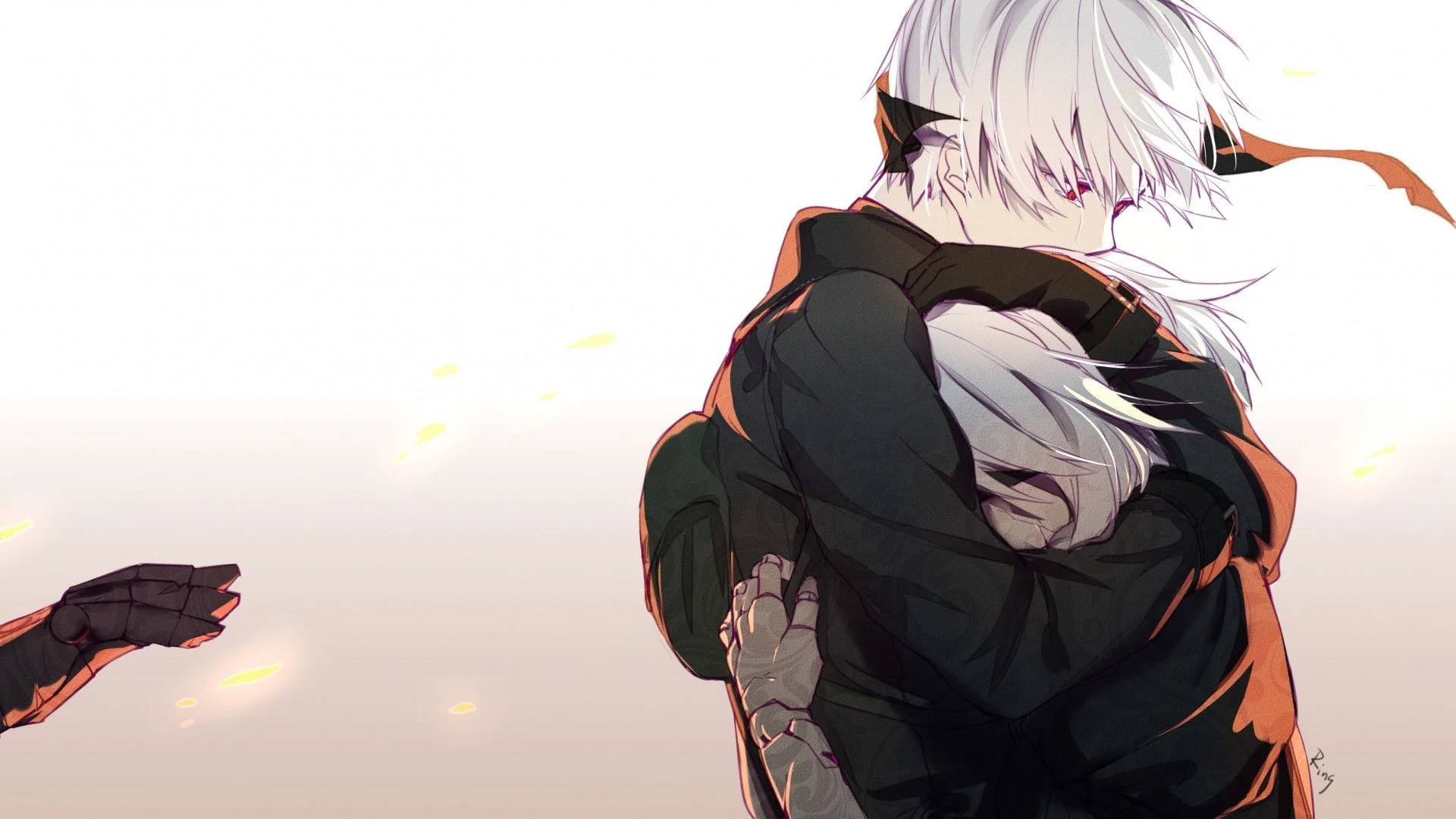 Αγκαλιάζοντας ζευγάρι anime με λευκά μαλλιά Ταπετσαρία