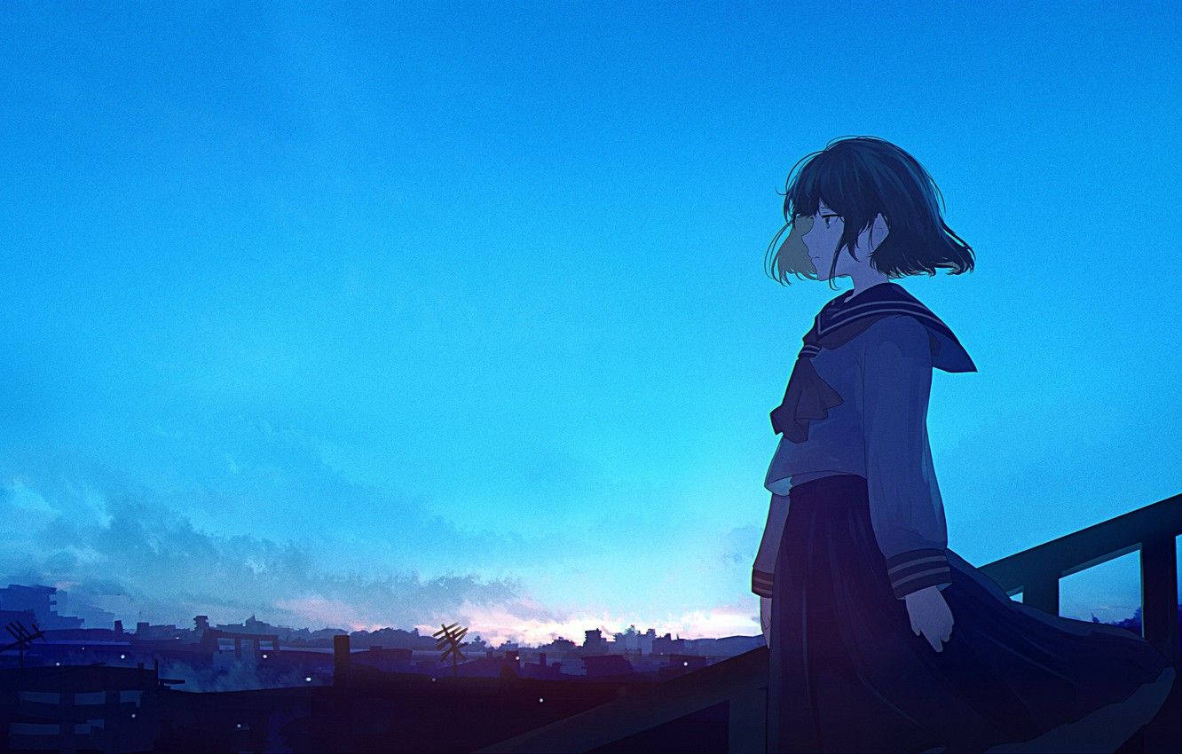 Λυπημένη έφηβη κοπέλα anime μπλε Ταπετσαρία