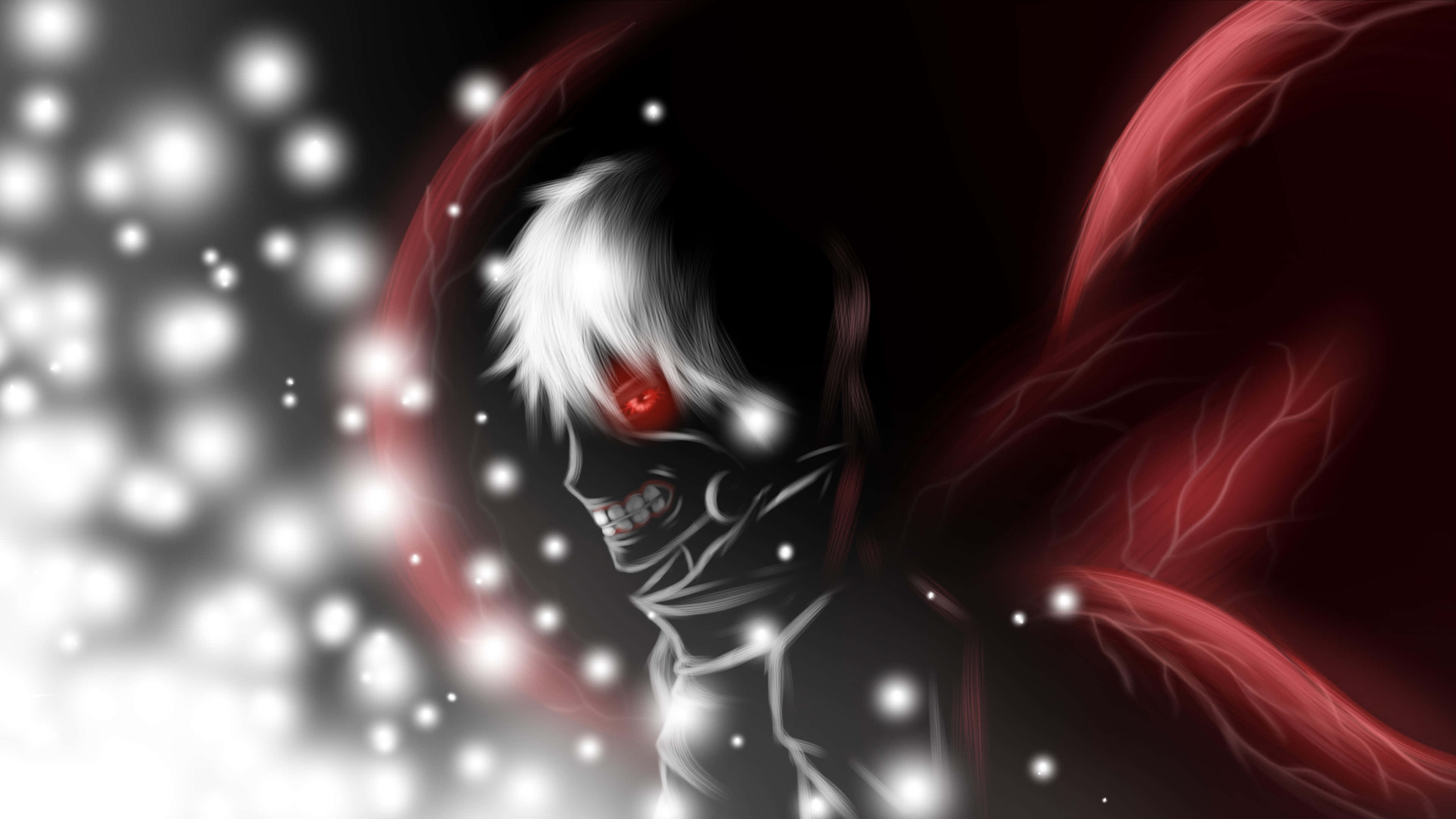 Ένας ασπρόμαυρος χαρακτήρας anime με κόκκινα φτερά Ταπετσαρία