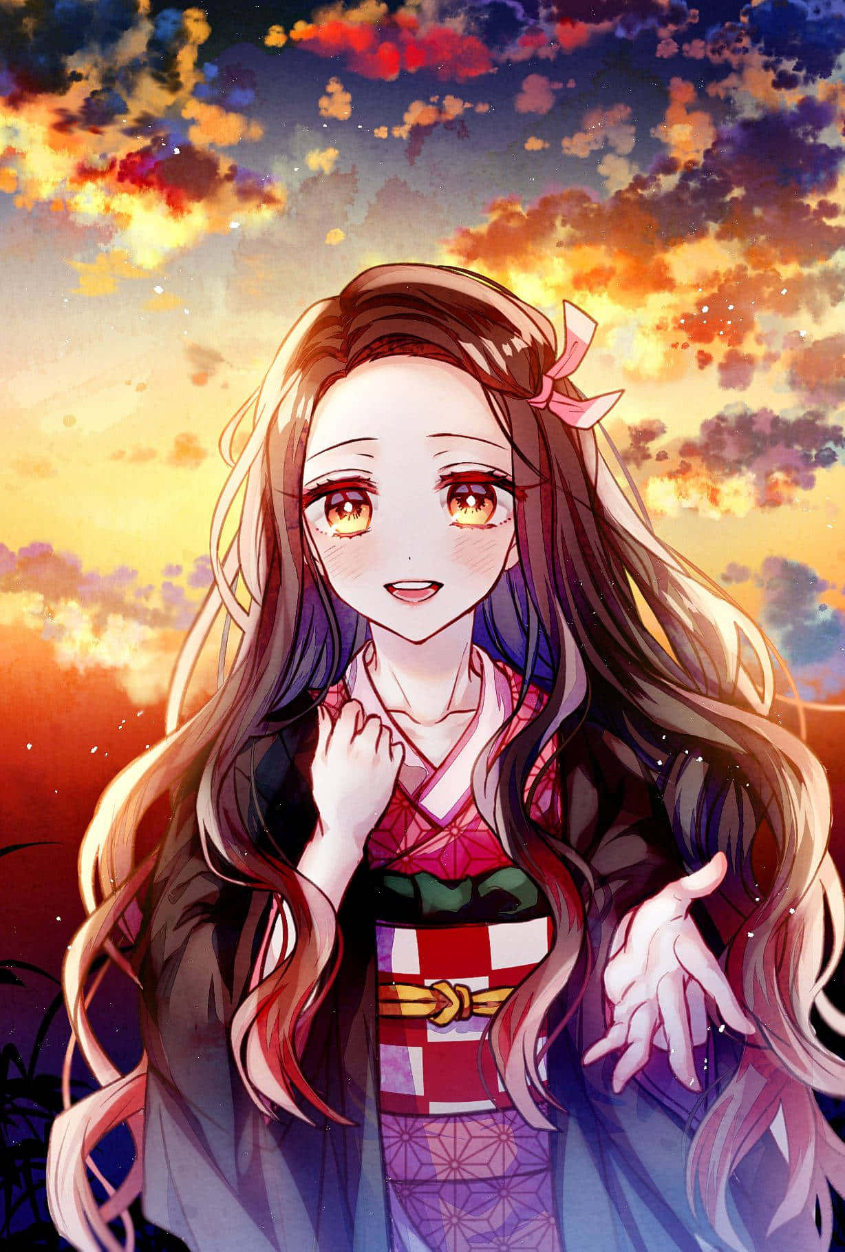 Anime Χαρακτήρας Γλυκιά Nezuko Kamado με Ηλιοβασίλεμα Ταπετσαρία