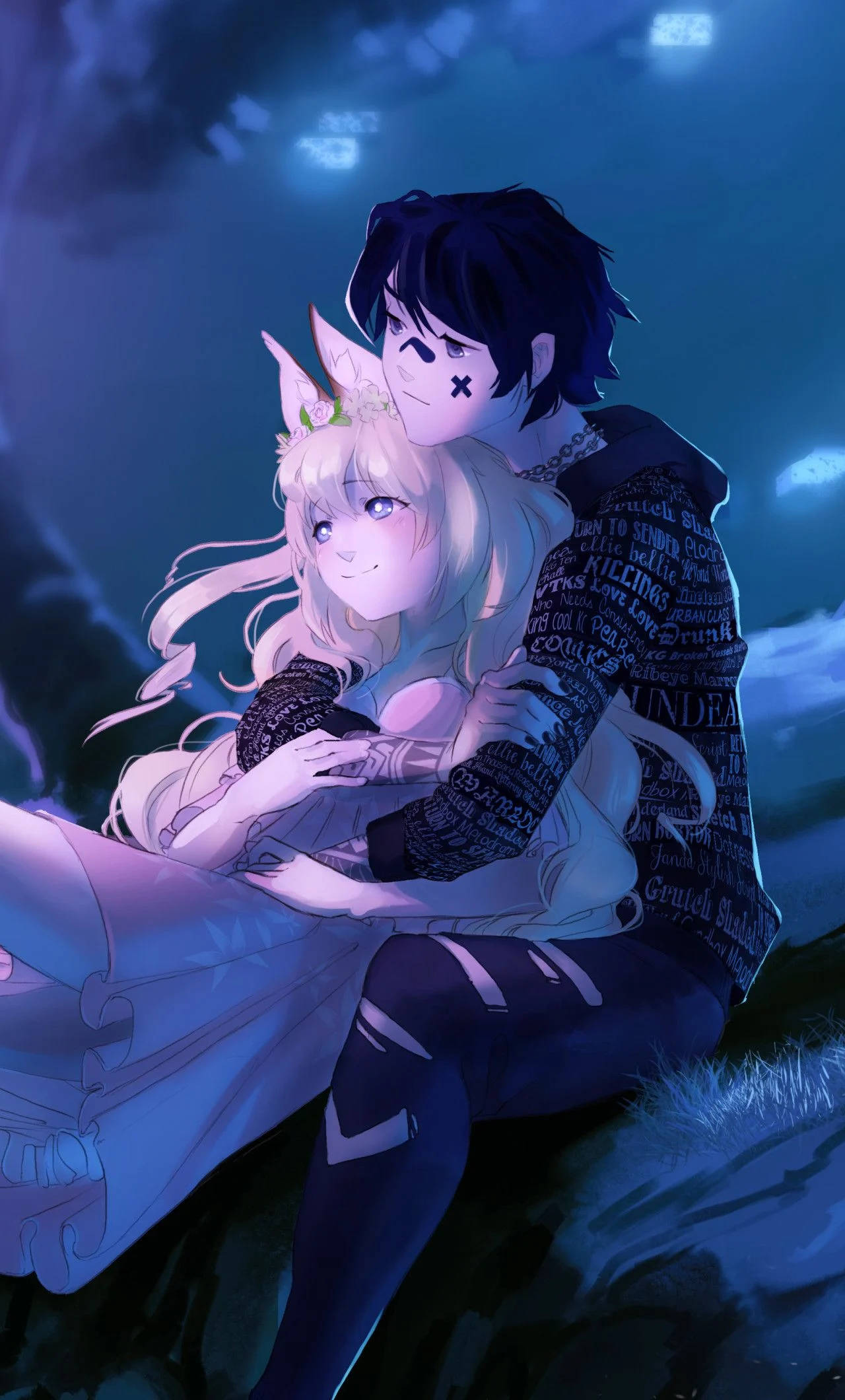 Αγκαλιά Anime κάτω από τον Νυχτερινό Ουρανό Ταπετσαρία