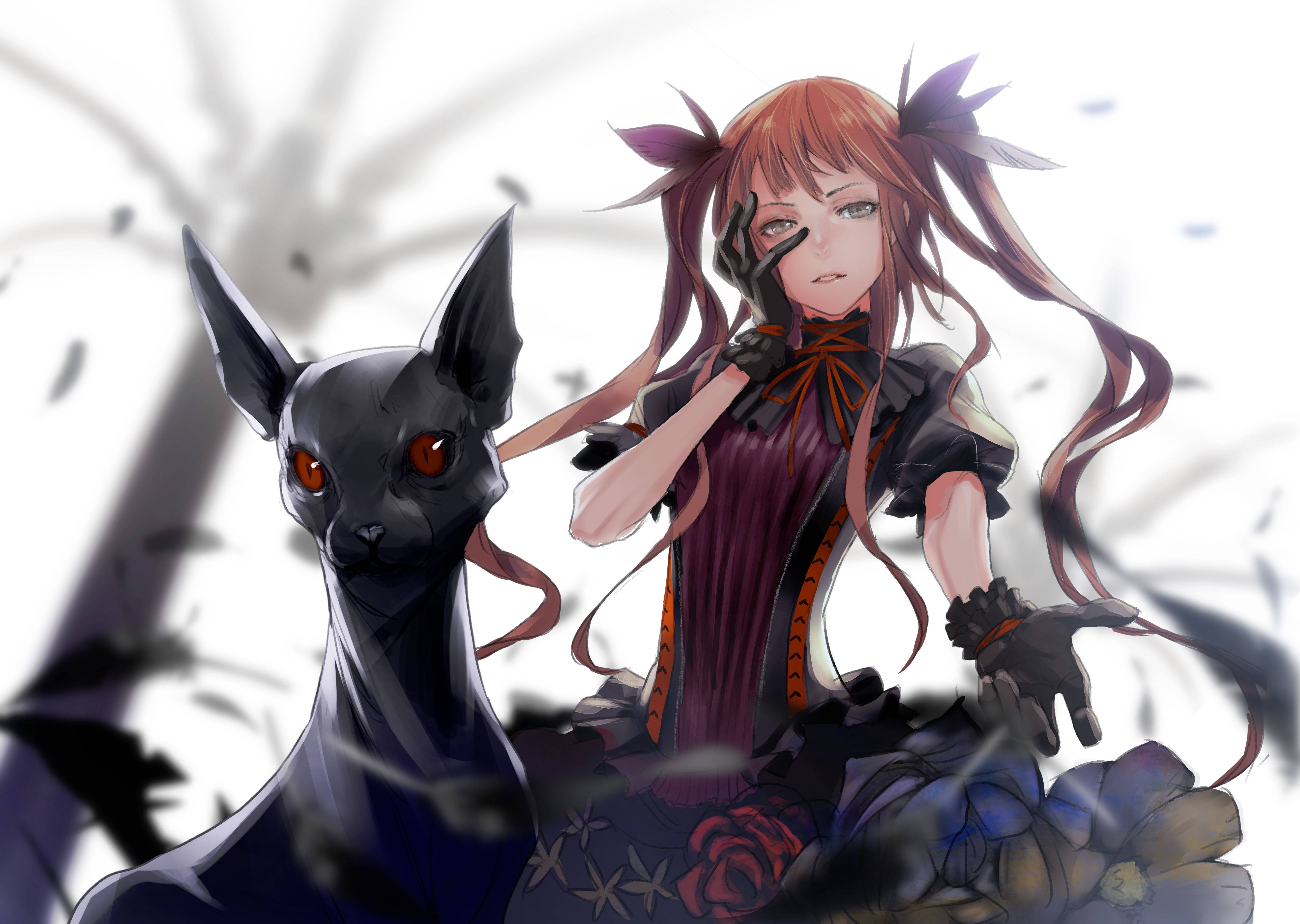 Γκόθικ κοπέλα anime μοιράζεται μια οικεία στιγμή με τη γάτα της Ταπετσαρία
