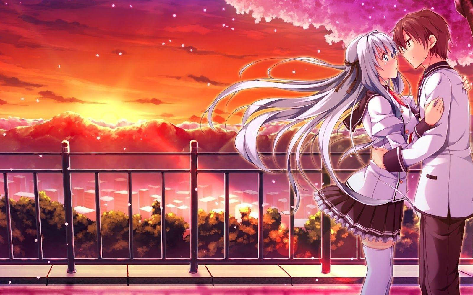 Αγκαλιάζοντας ζευγάρι anime στο ηλιοβασίλεμα Ταπετσαρία