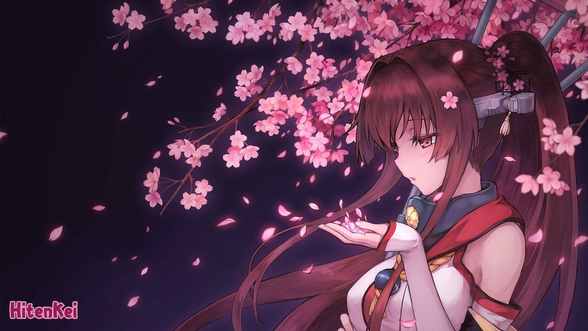 Ένα anime κορίτσι στέκεται κάτω από μια ανθισμένη sakura. Ταπετσαρία