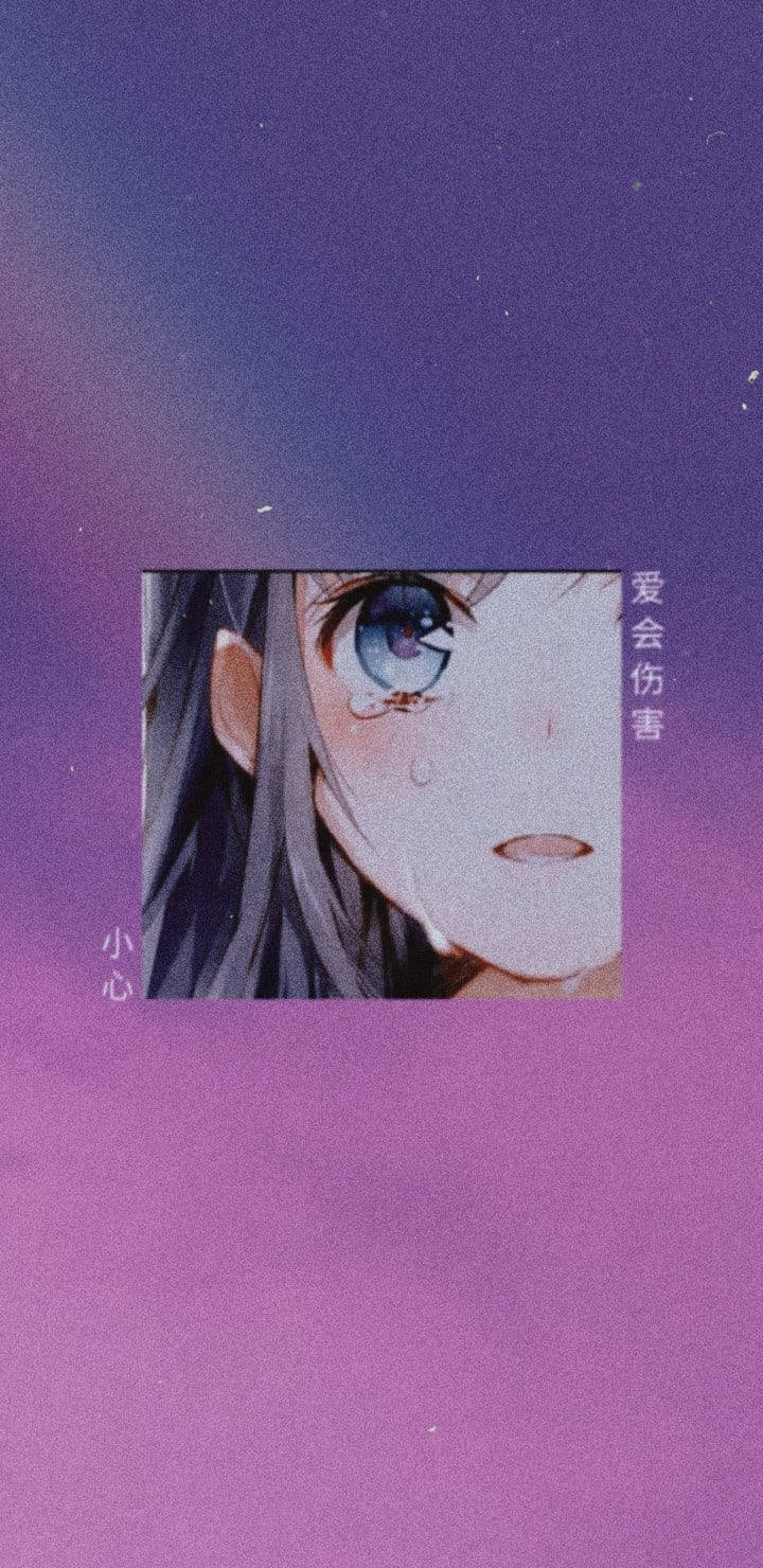 Λυπημένο αισθητικό κορίτσι anime σε μωβ και ροζ Ταπετσαρία