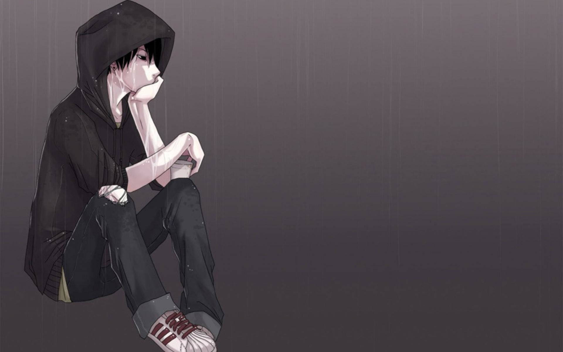 Λυπημένο αγόρι anime με μαύρη κουκούλα Ταπετσαρία