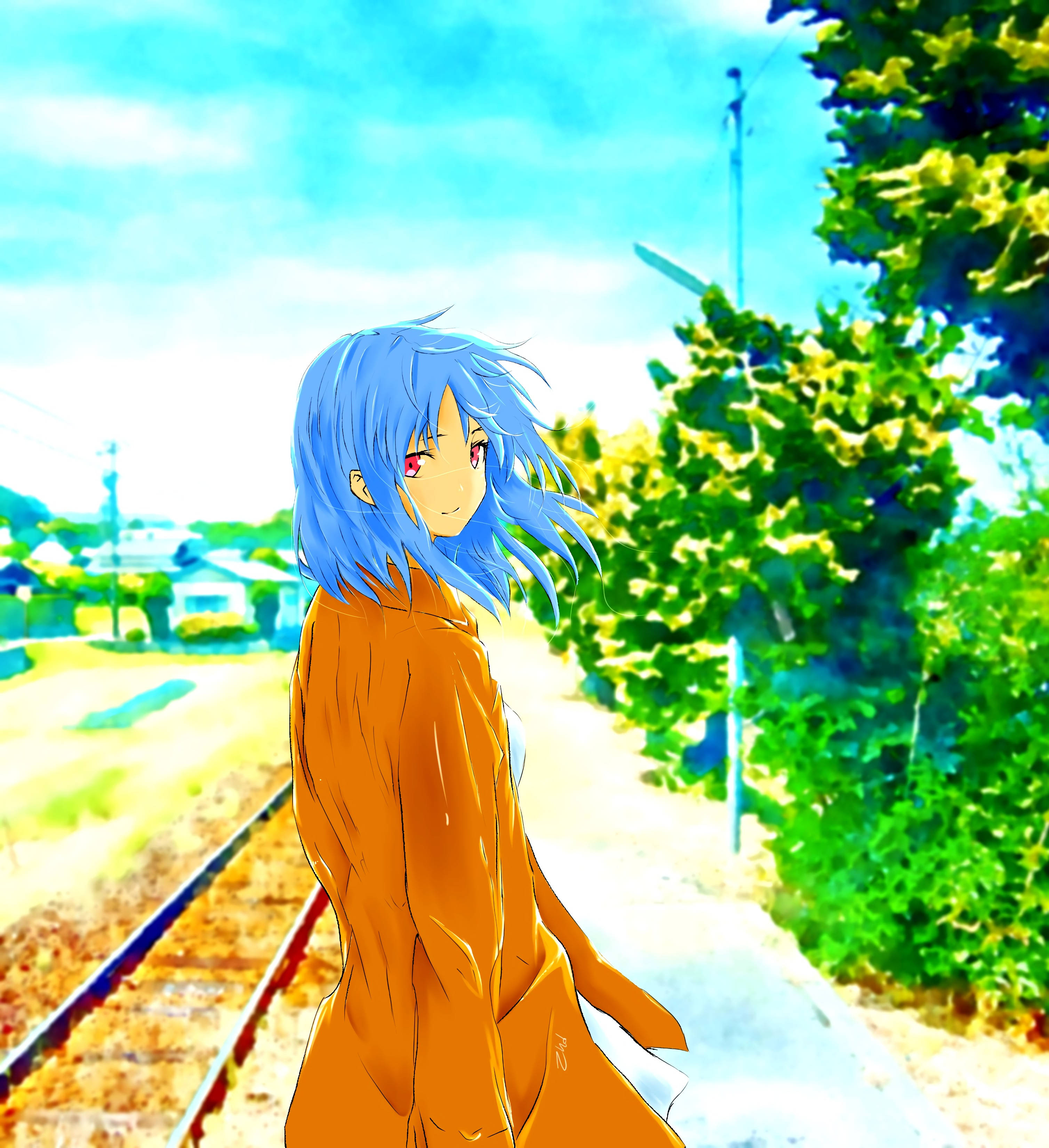 Anime Τέχνη Κορίτσι κοντά σε Σιδηροδρομική Γραμμή Ταπετσαρία