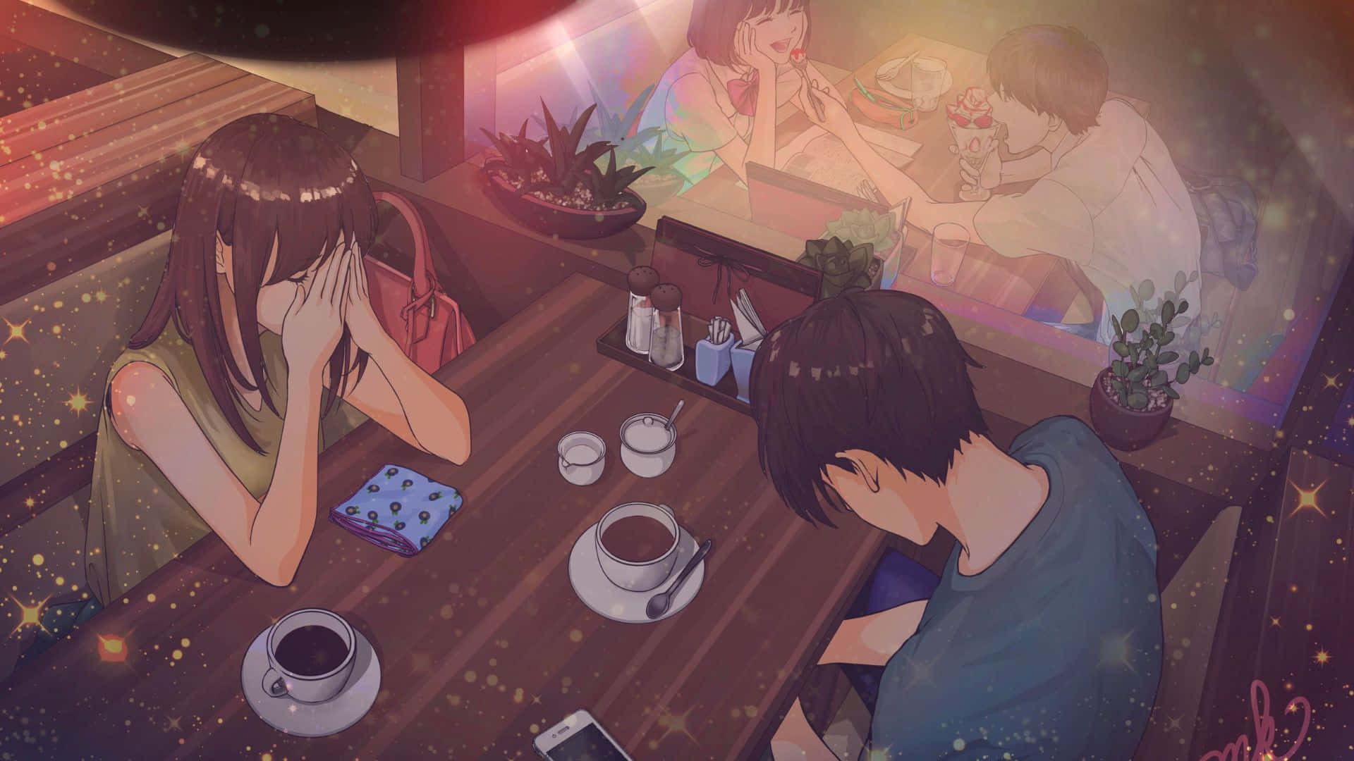 Ζευγάρι Anime σε Καφετέρια Φόντο Ταπετσαρία