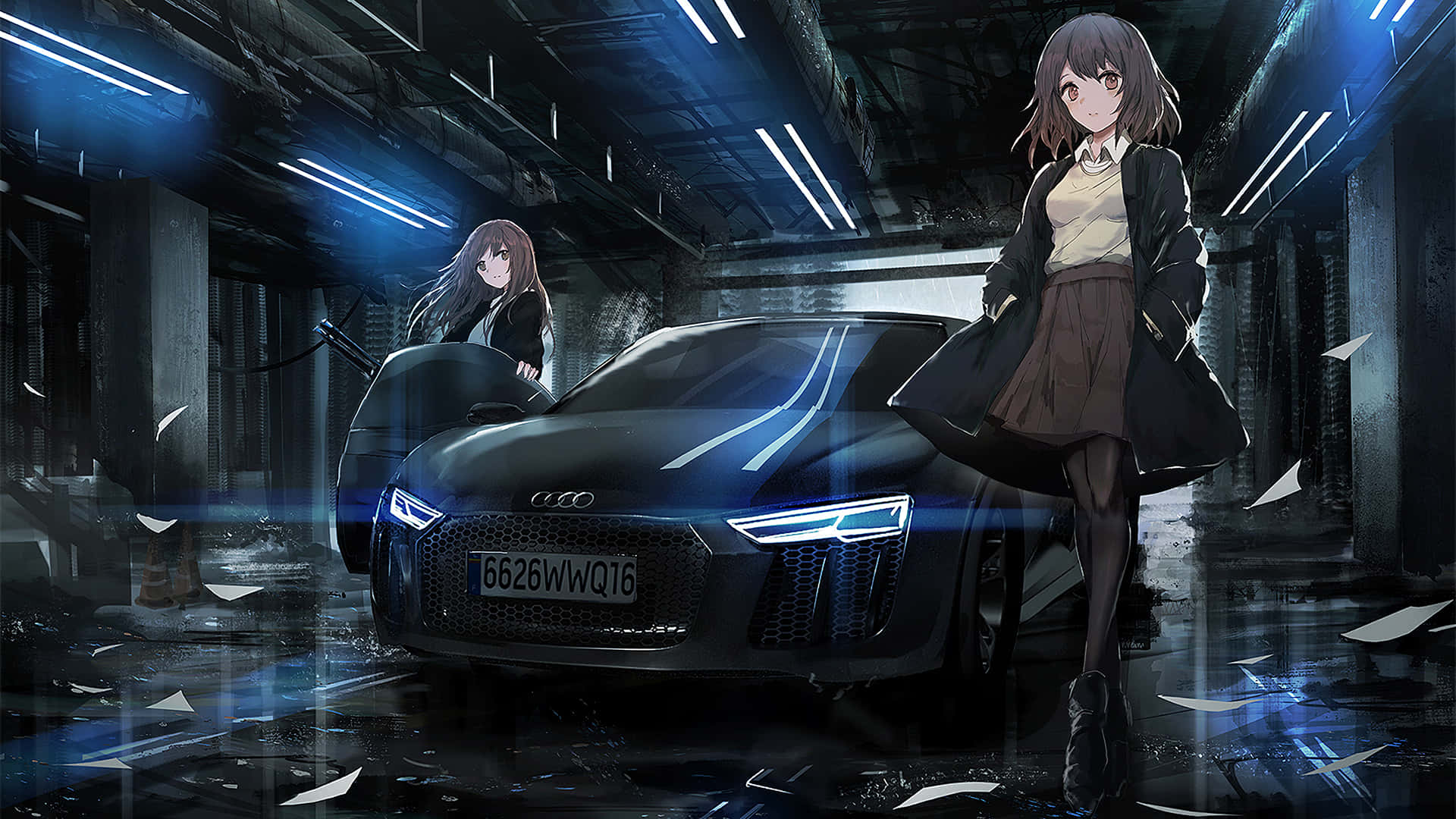 Δύο anime κορίτσια στέκονται δίπλα σε ένα αυτοκίνητο Ταπετσαρία