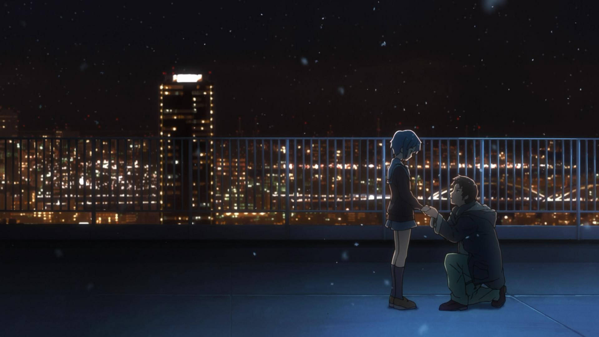 Νυχτερινή Σκηνή Σχολείου Anime με Yuki Nagato και Kyon στην Ταράτσα Ταπετσαρία