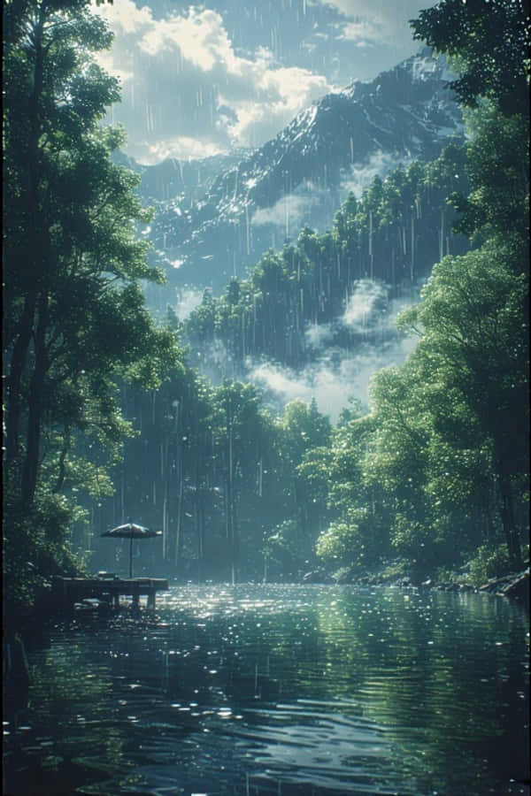 Anime Βροχερή Λίμνη σε Πράσινο Δάσος Ειρηνική Φύση 4K Ταπετσαρία