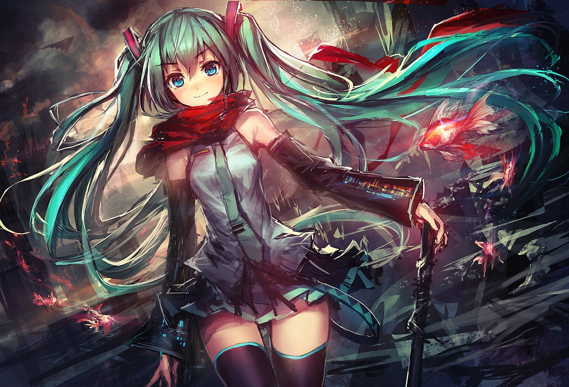 Anime κορίτσι και vocaloid Hatsune Miku με μακριά μπλε αλογοουρά ταπετσαρία — Anime Girl Ταπετσαρία