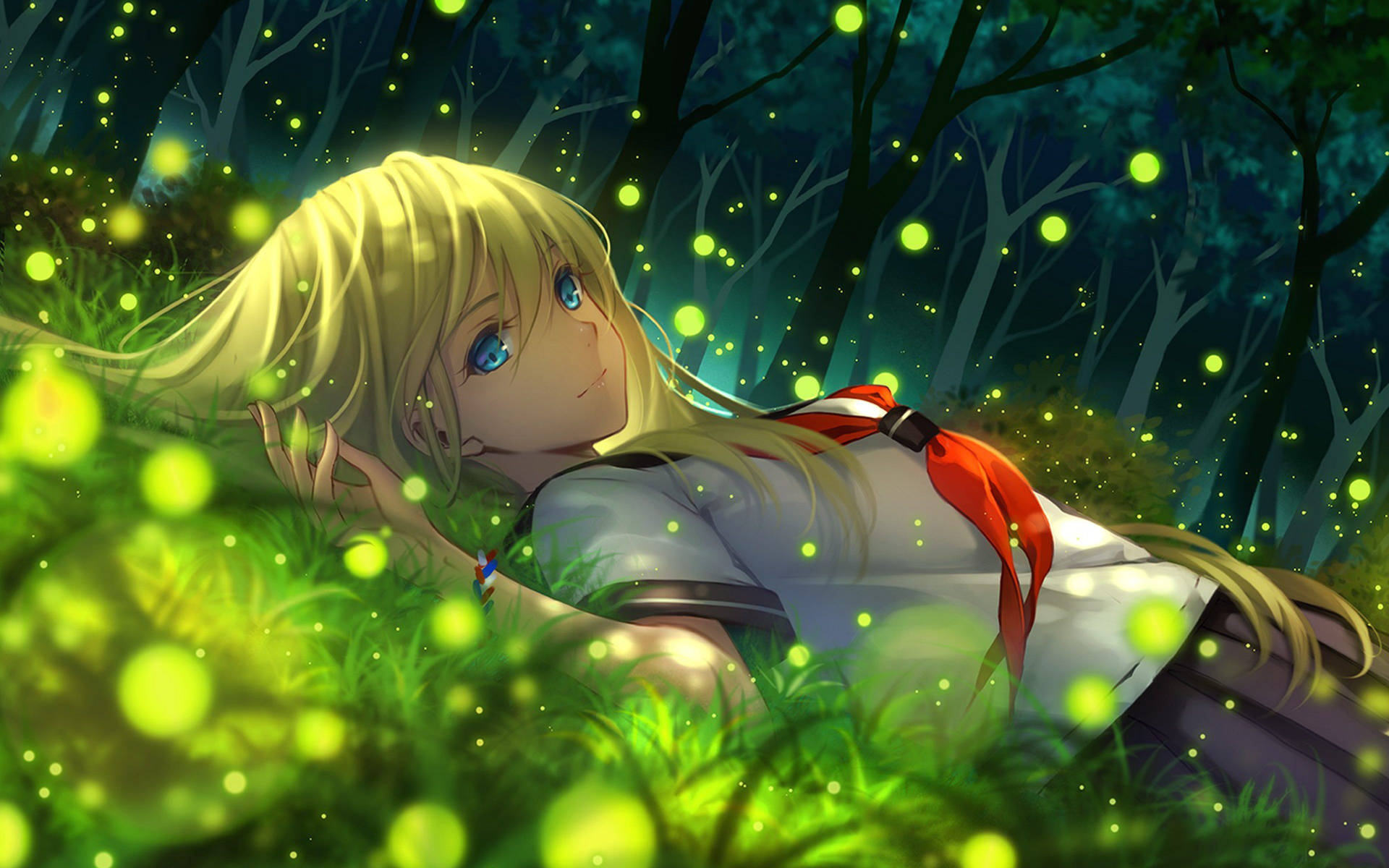 Anime κορίτσι ξαπλωμένο στο γρασίδι με λαμπερές σφαίρες να ανεβαίνουν ταπετσαρία — Anime Girl Ταπετσαρία