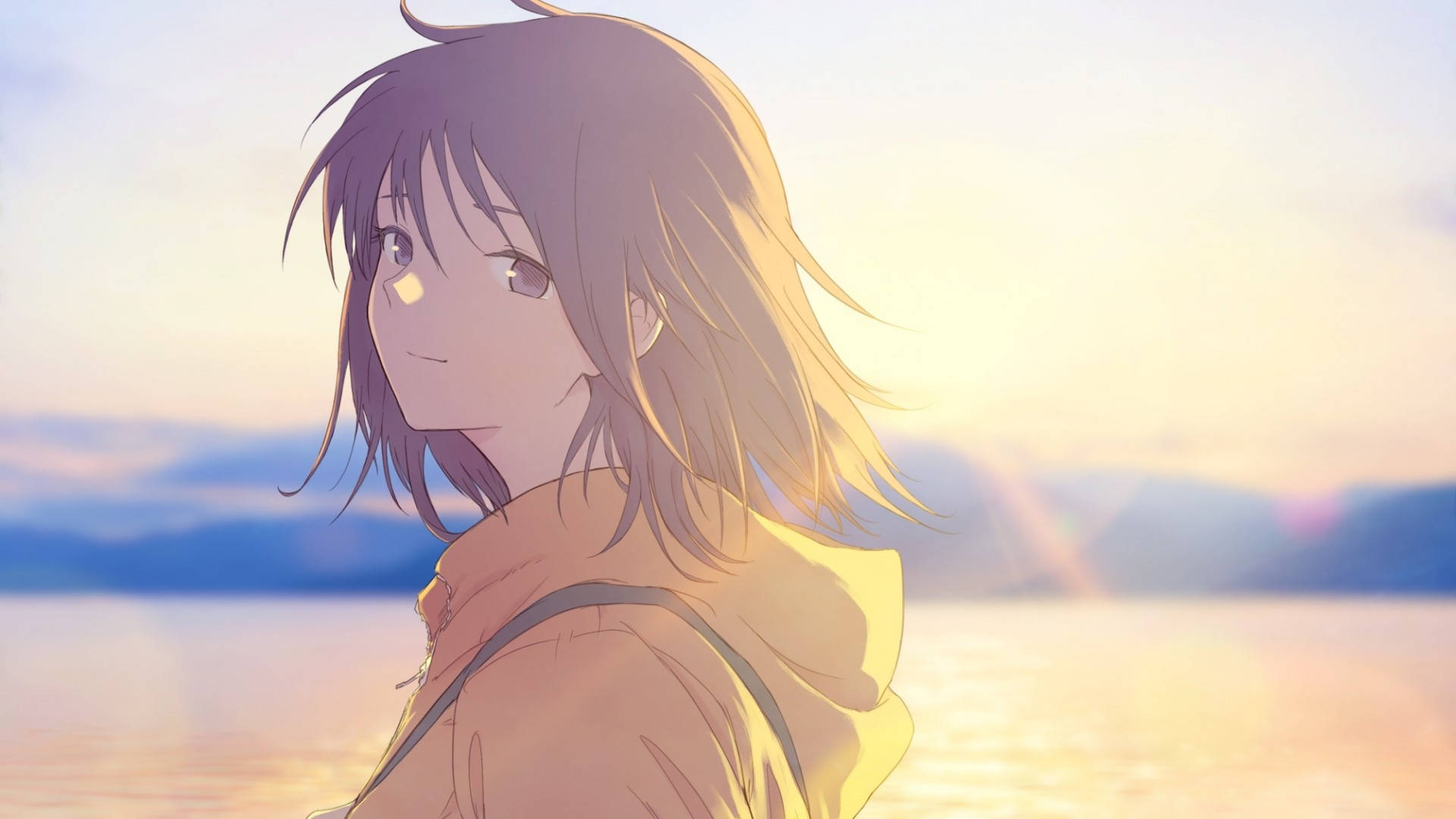 Anime κορίτσι με κίτρινο hoodie στο ηλιοβασίλεμα Ταπετσαρία