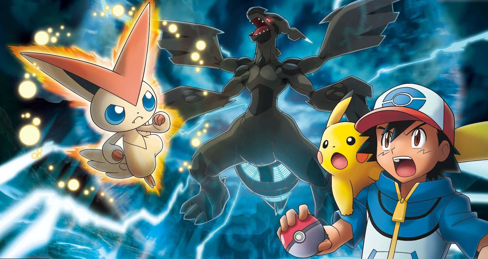 Ash Ketchum, Pikachu και Zekrom σε Μάχη Pokémon Φόντο Ταπετσαρία