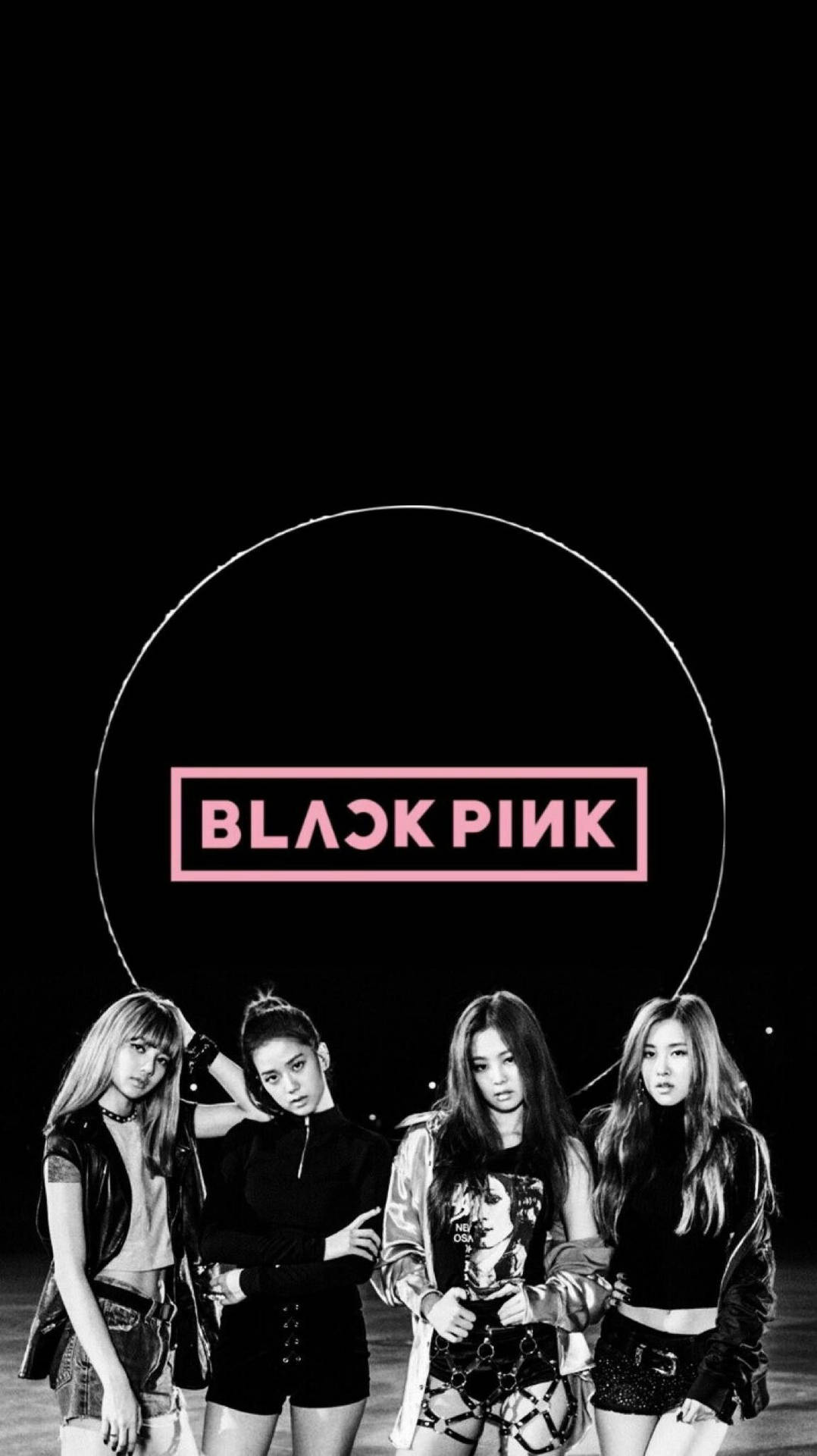 Blackpink wallpaper με μέλη σε μαύρο φόντο και λογότυπο σε φωτεινό δαχτυλίδι — Blackpink Ταπετσαρία