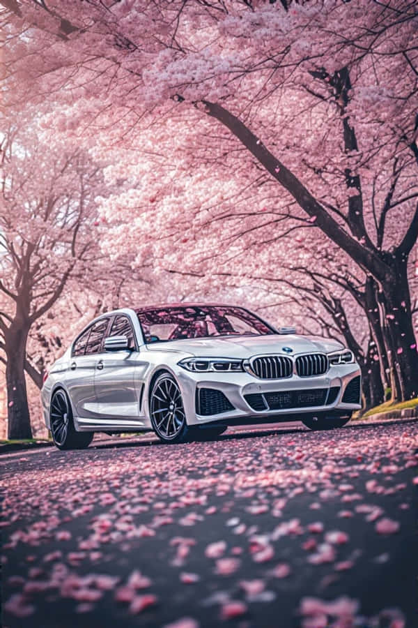 Αισθητική Άνοιξη Κομψό Λευκό BMW Κάτω από Ανθισμένες Κερασιές Ταπετσαρία