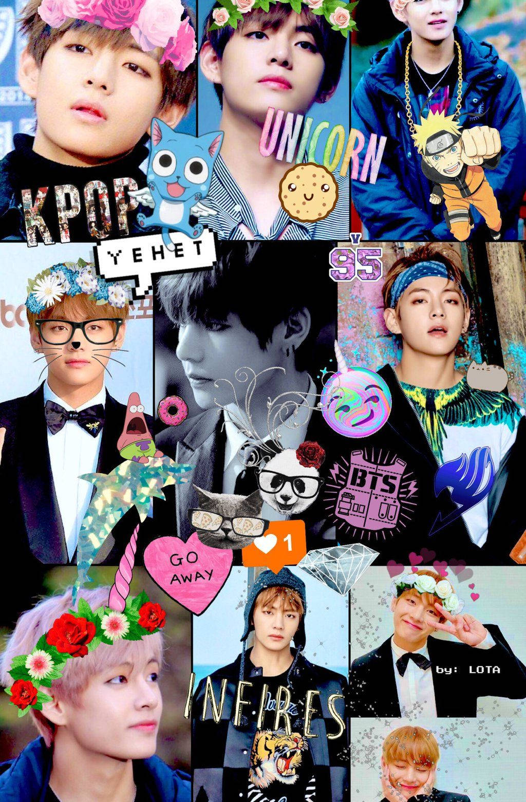 Τα μέλη του αγοριού συγκροτήματος BTS V, Jungkook, Jimin, Suga, Jin, RM και J-hope με χαριτωμένα αυτοκόλλητα. — Bts Ταπετσαρία