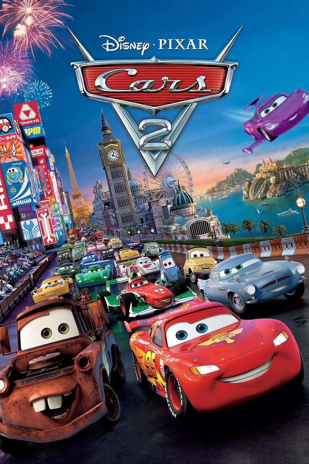 Αφίσα ταινίας Cars 2 με αυτοκίνητα και πυροτεχνήματα Ταπετσαρία