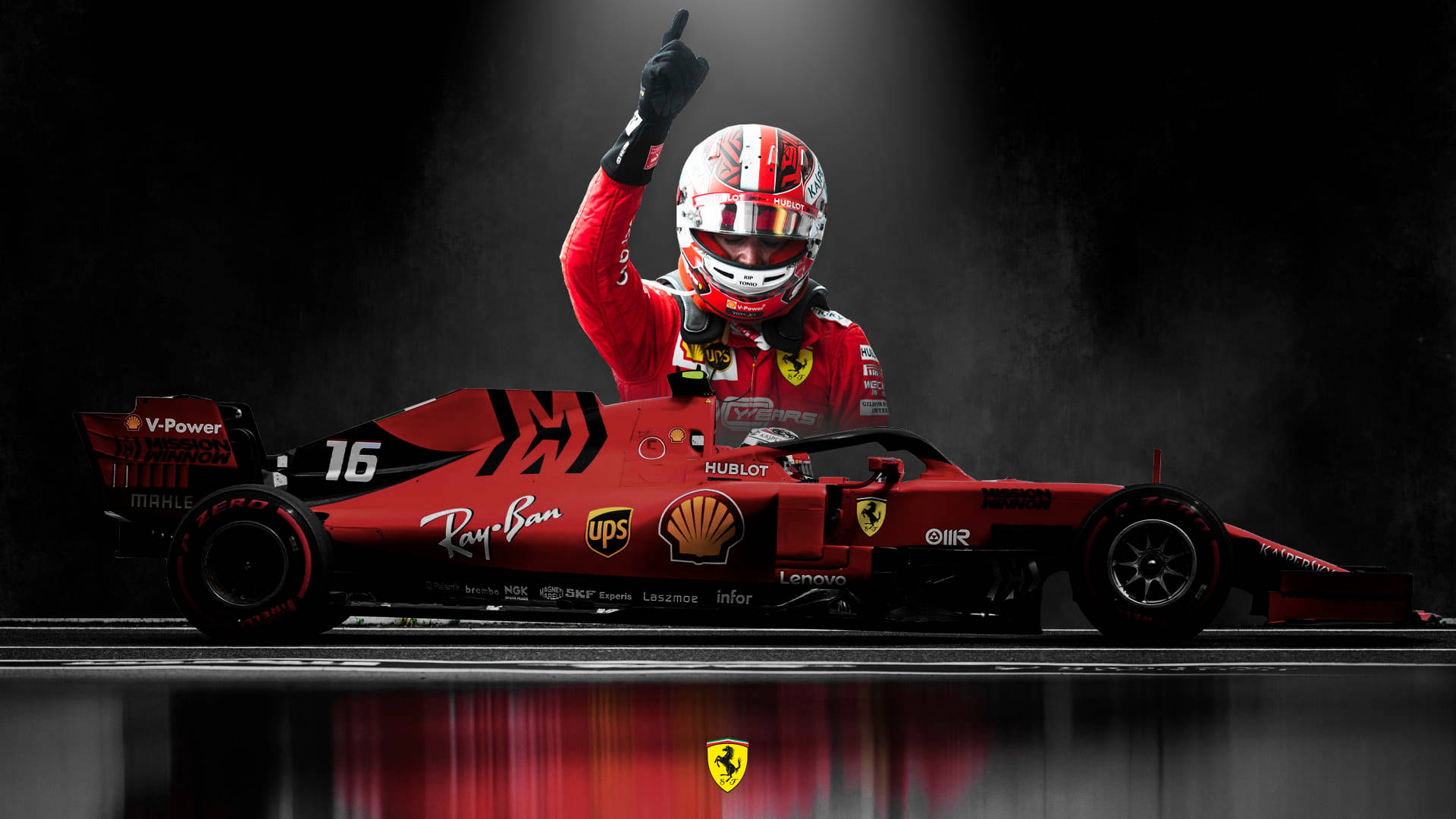 Charles Leclerc Δείχνει Πάνω Πλάγιο Αυτοκίνητο — Σκοτεινό Ταπετσαρία
