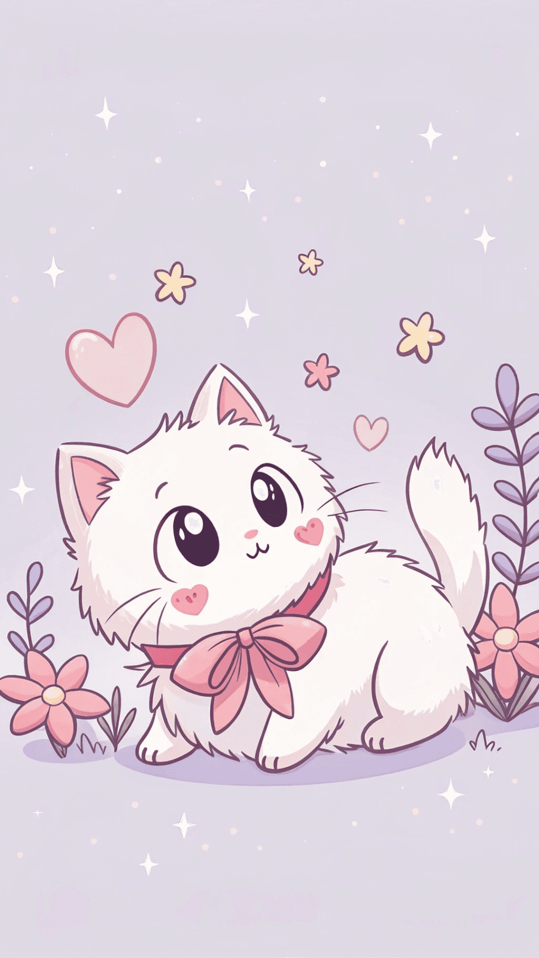 Χαριτωμένη Γάτα Chibi με Ροζ Φιόγκο Kawaii Τέχνη Ταπετσαρία